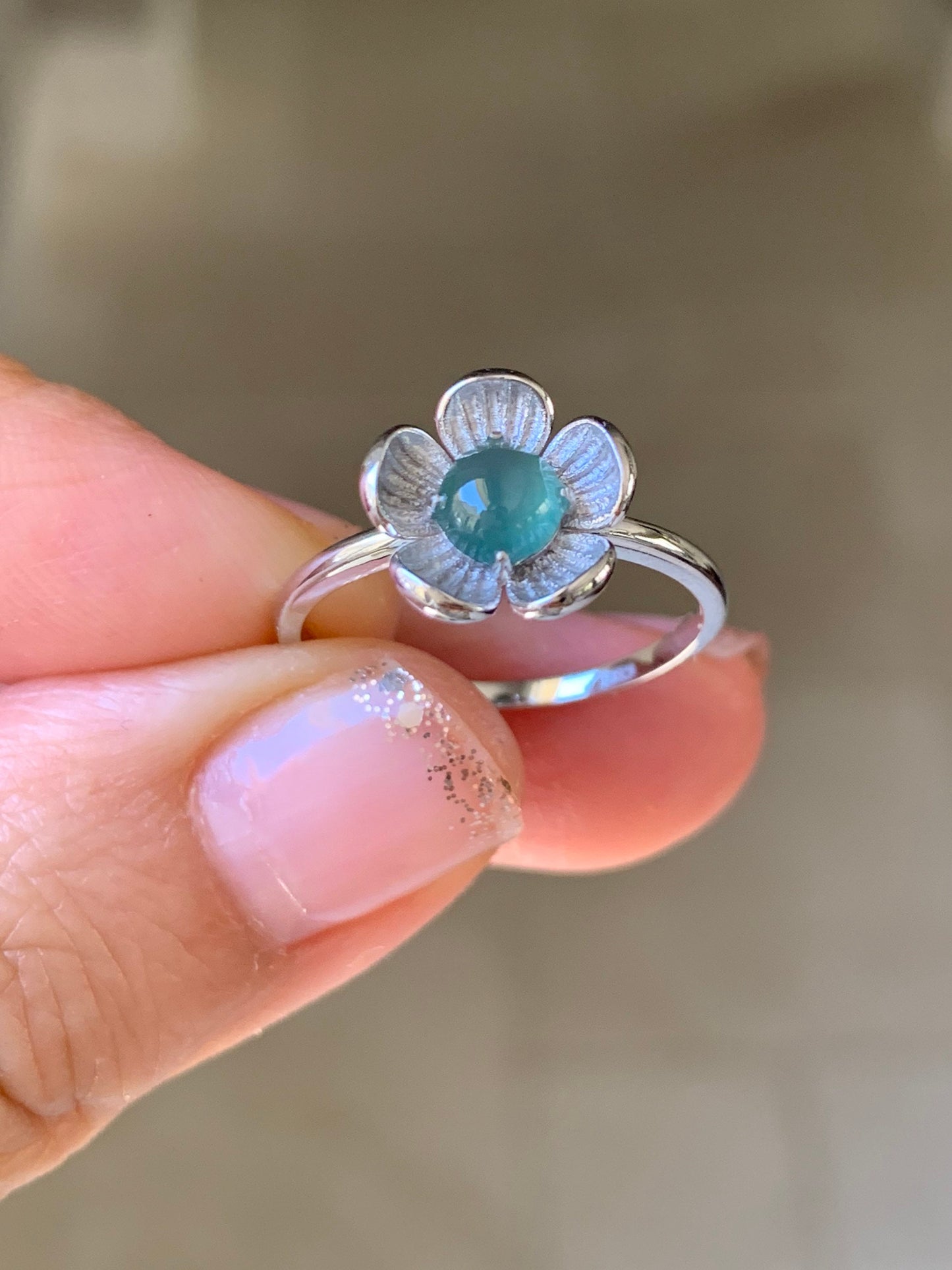 Certified Natural Burmese Icy Translucent Teal Green Jadeite Cherry Blossom Design Ring 18K White Gold size 7 天然缅甸冰湖水绿翡翠梅花白金镶嵌戒指