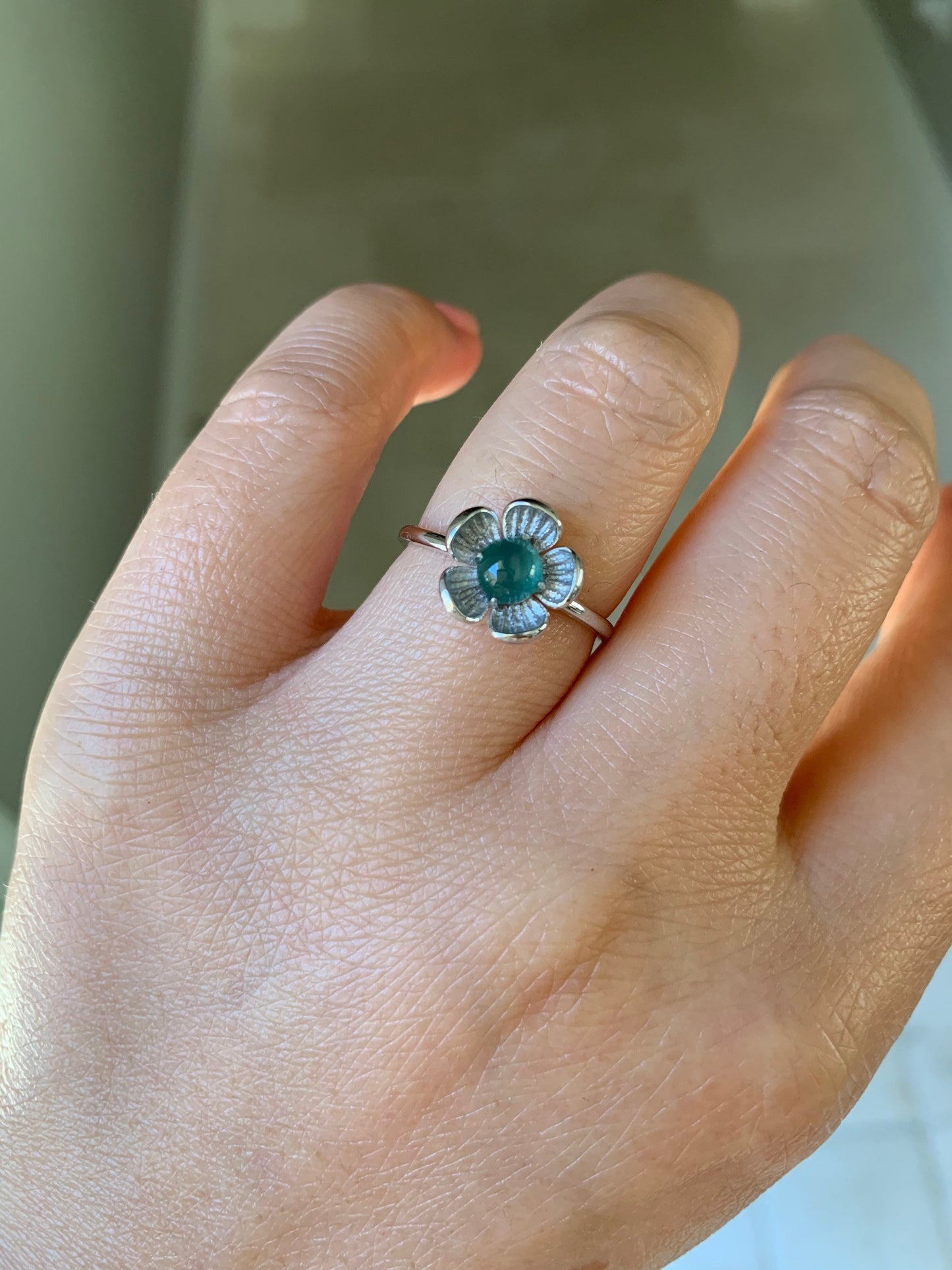 Certified Natural Burmese Icy Translucent Teal Green Jadeite Cherry Blossom Design Ring 18K White Gold size 7 天然缅甸冰湖水绿翡翠梅花白金镶嵌戒指