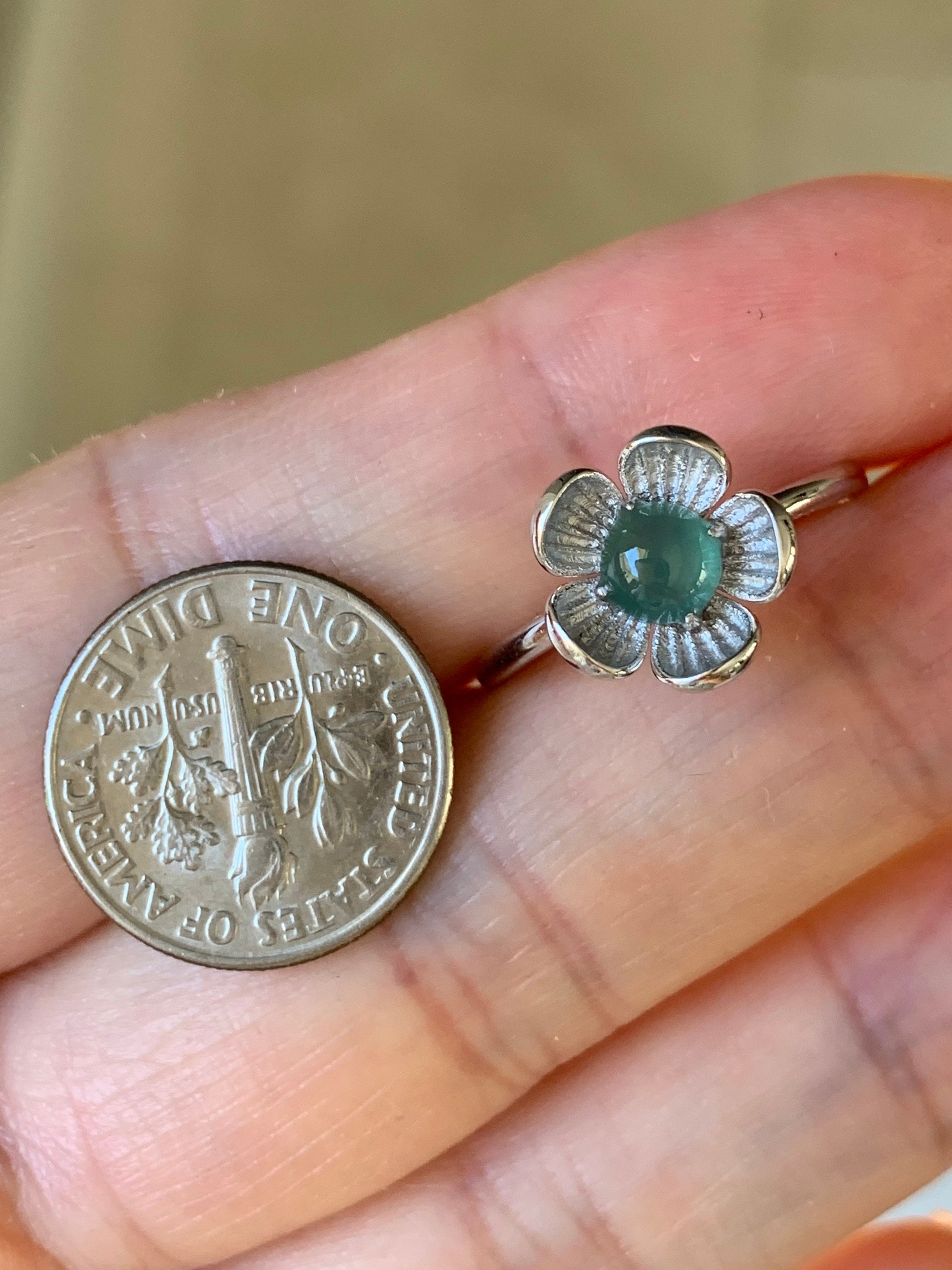 Certified Natural Burmese Icy Translucent Teal Green Jadeite Cherry Blossom Design Ring 18K White Gold size 7 天然缅甸冰湖水绿翡翠梅花白金镶嵌戒指
