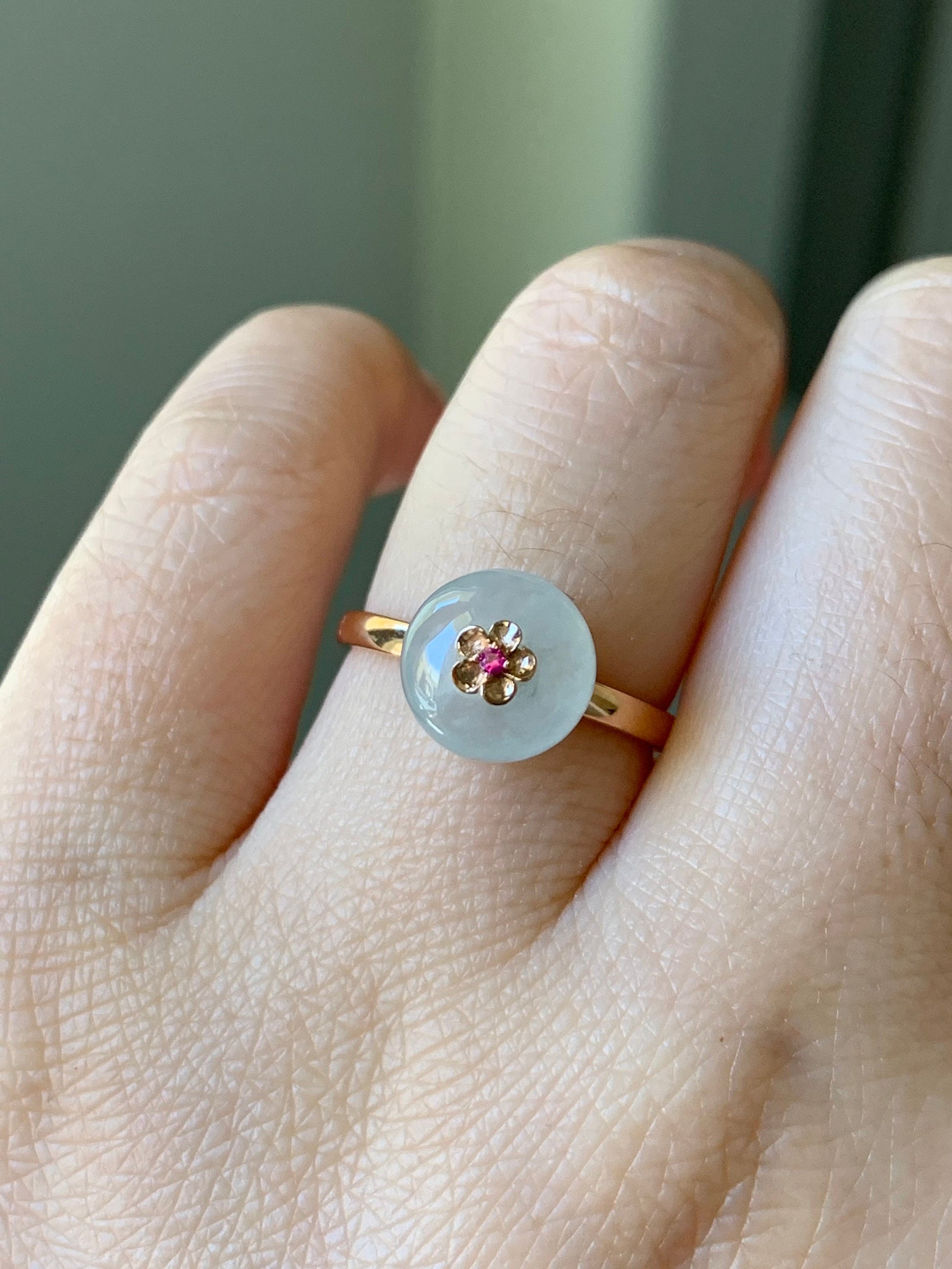 Certified Burmese Icy Highly Translucent Gelatinous Icy Jadeite Ping An Kou Ring 18K Rose Gold with Ruby Sz 7 天然缅甸正冰平安扣翡翠红宝石K玫镶嵌戒指