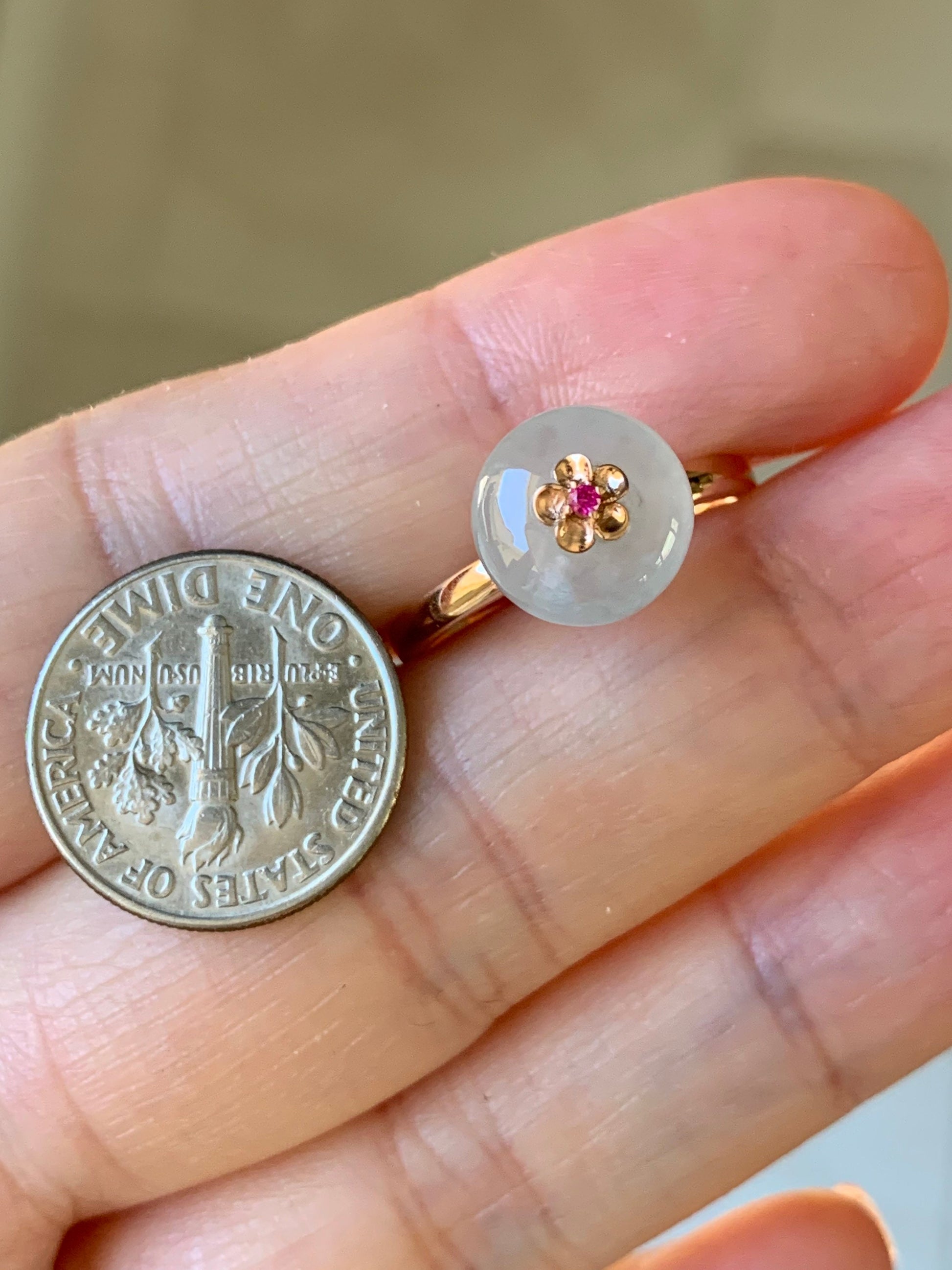 Certified Burmese Icy Highly Translucent Gelatinous Icy Jadeite Ping An Kou Ring 18K Rose Gold with Ruby Sz 7 天然缅甸正冰平安扣翡翠红宝石K玫镶嵌戒指
