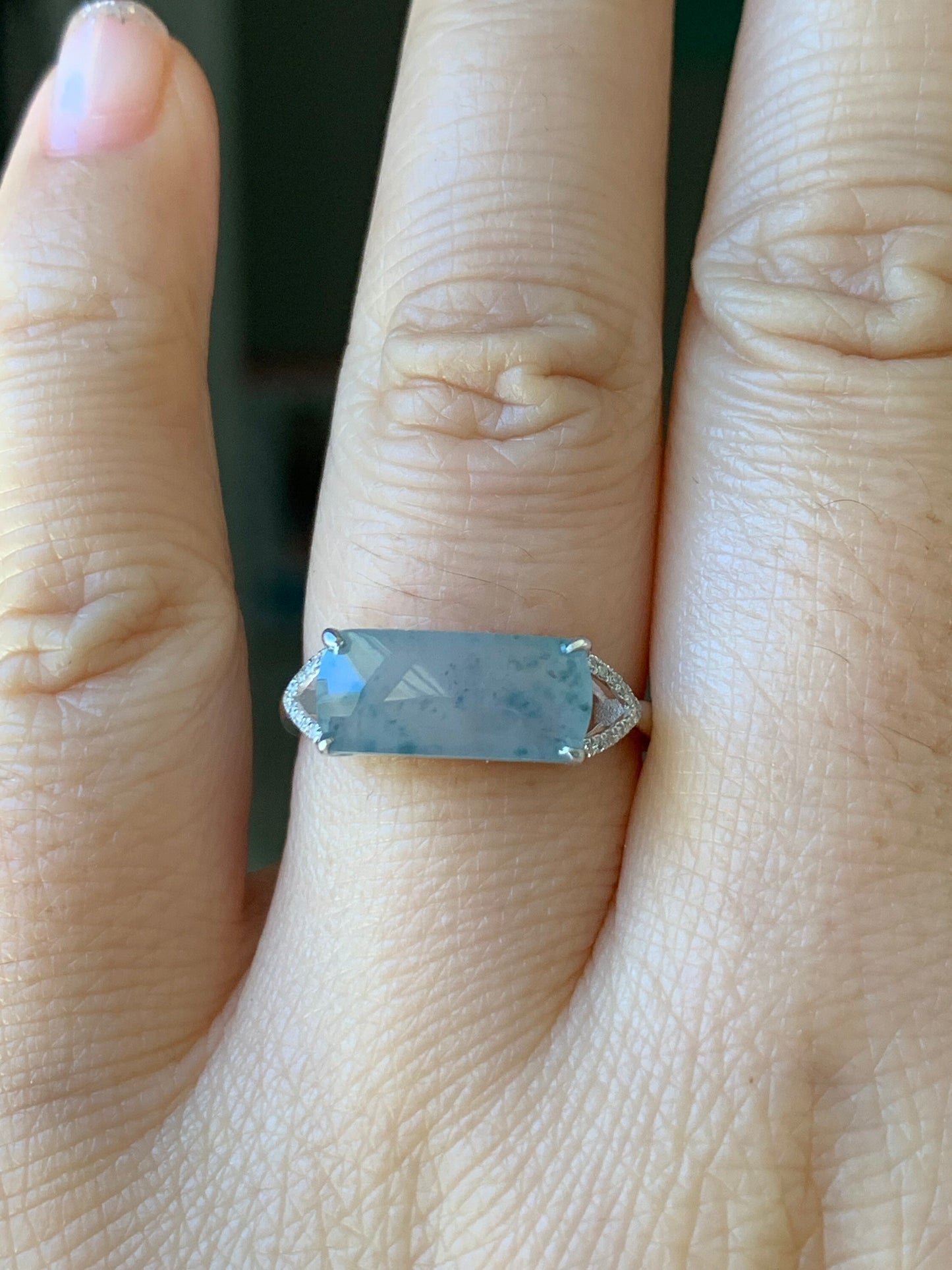 Certified Natural Burmese Icy Highly Translucent Light Green Jadeite Saddle Ring Size 7 18K White Gold & Diamonds 天然老种缅甸冰晴翡翠马鞍钻石镶嵌戒指