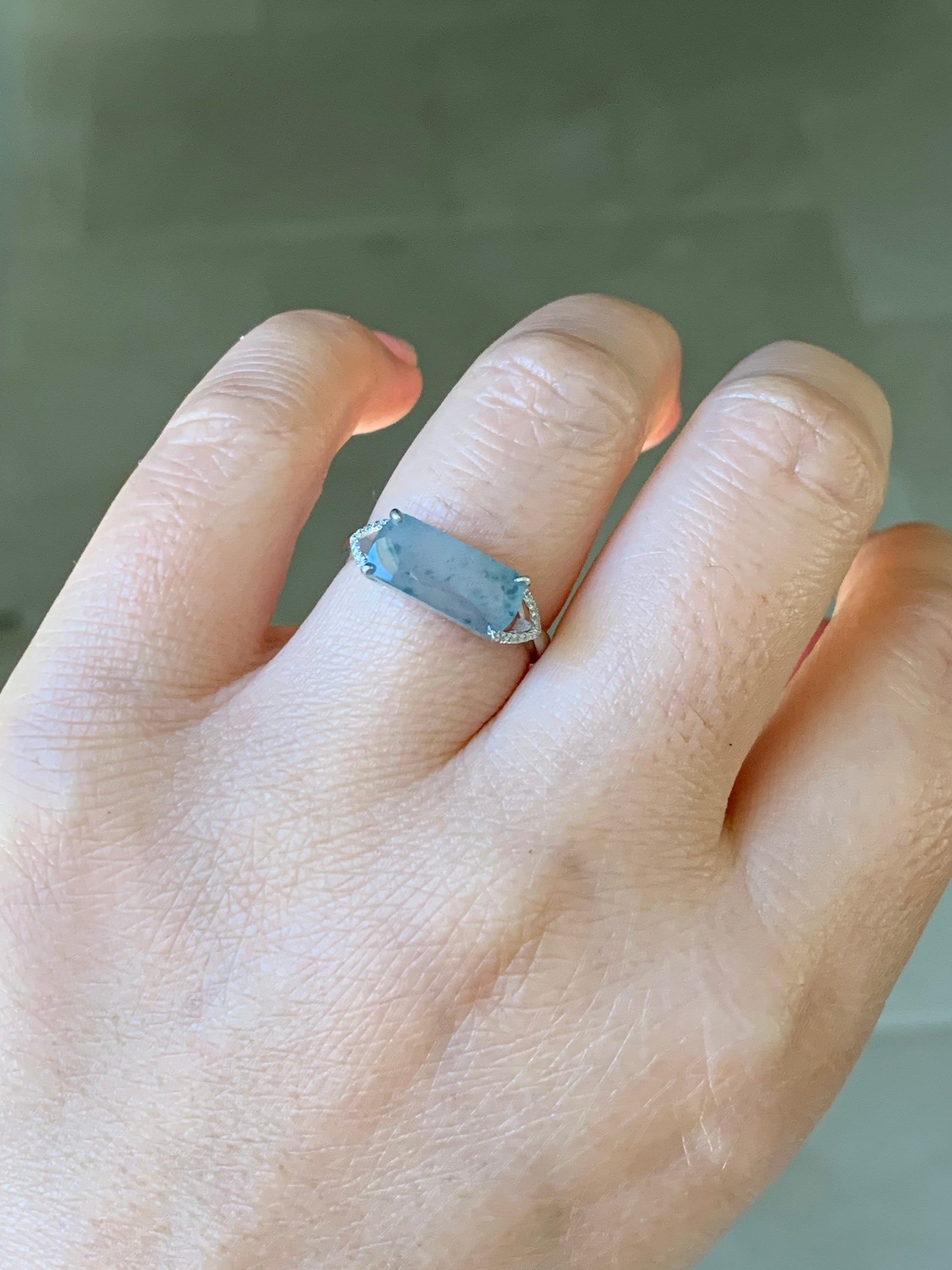Certified Natural Burmese Icy Highly Translucent Light Green Jadeite Saddle Ring Size 7 18K White Gold & Diamonds 天然老种缅甸冰晴翡翠马鞍钻石镶嵌戒指