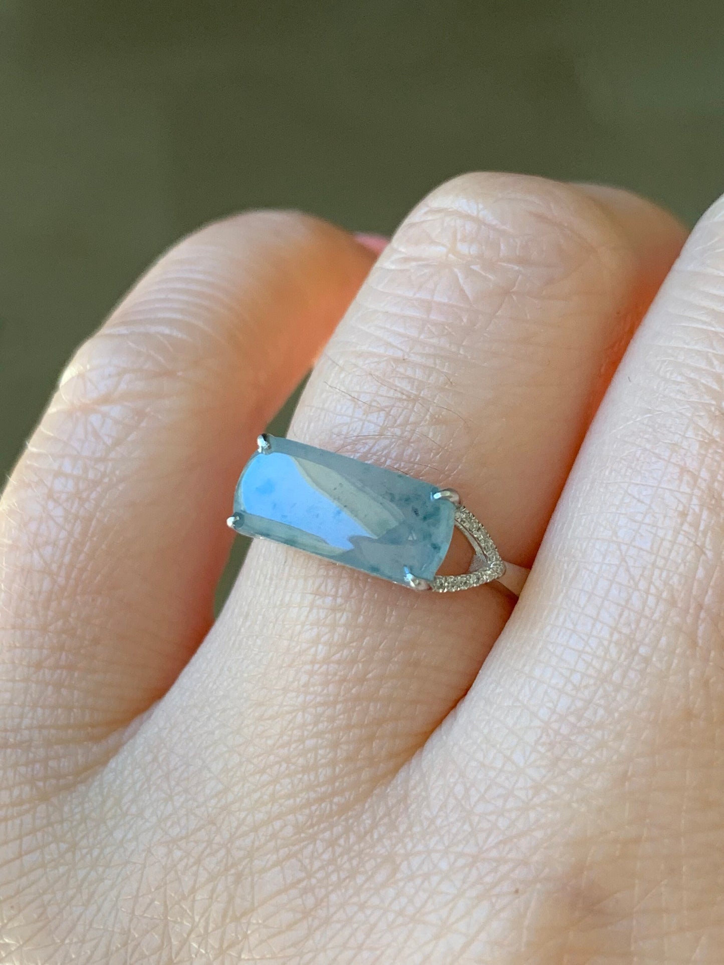 Certified Natural Burmese Icy Highly Translucent Light Green Jadeite Saddle Ring Size 7 18K White Gold & Diamonds 天然老种缅甸冰晴翡翠马鞍钻石镶嵌戒指