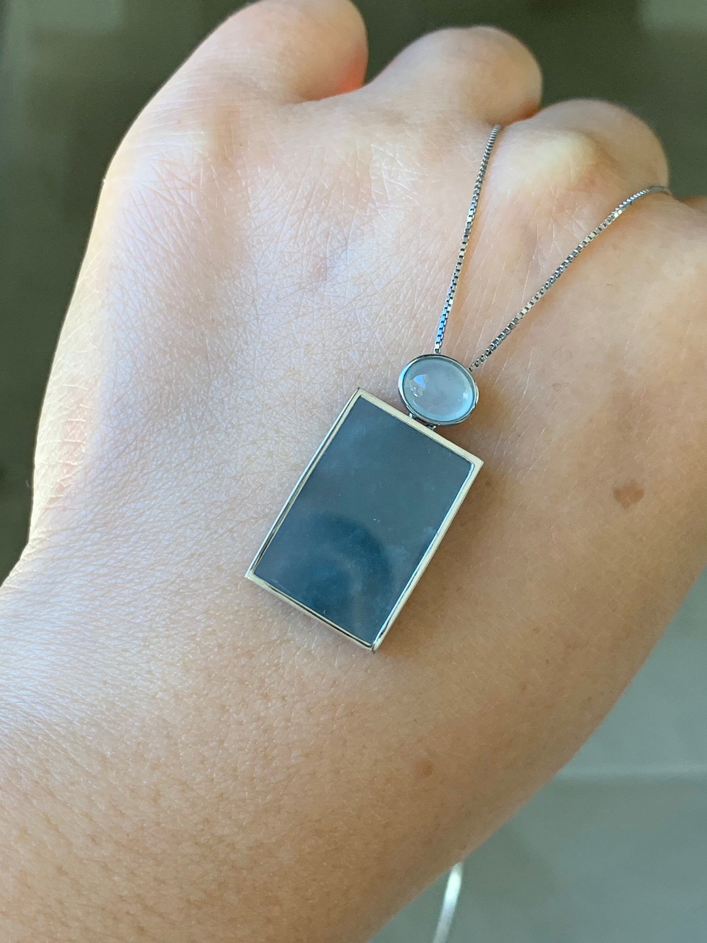 Certified Natural Guatemalan Blue Jadeite Wu Shi Pai Pendant 18K White Gold 天然高危冰蓝翡翠设计款镶嵌无事牌吊坠