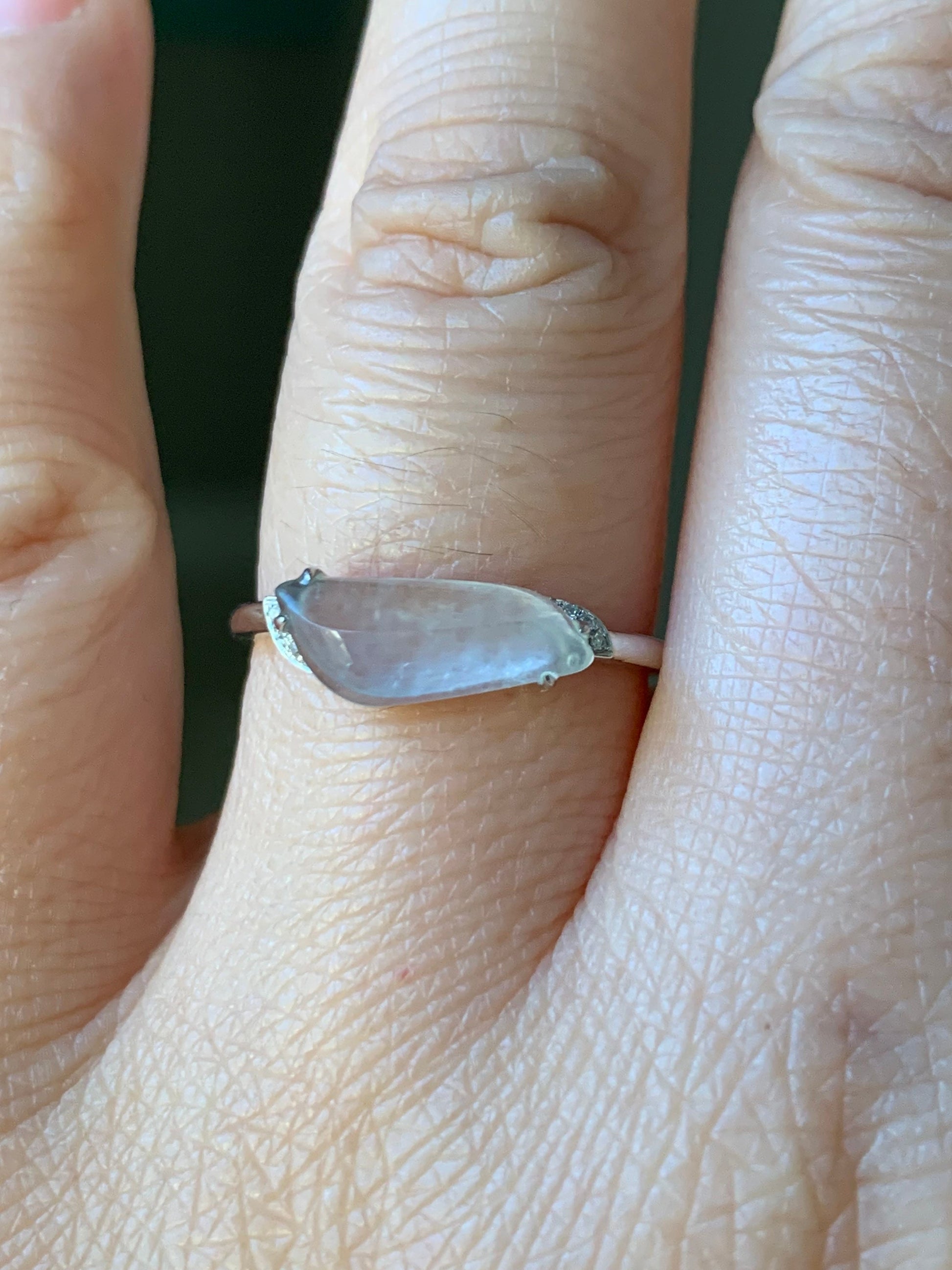 Certified 18K White Gold Burmese Premium Icy White Jadeite Horse Eye Cut Ring with Diamonds Sz 7 天然缅甸起光起冰翡翠马眼随形镶嵌戒指