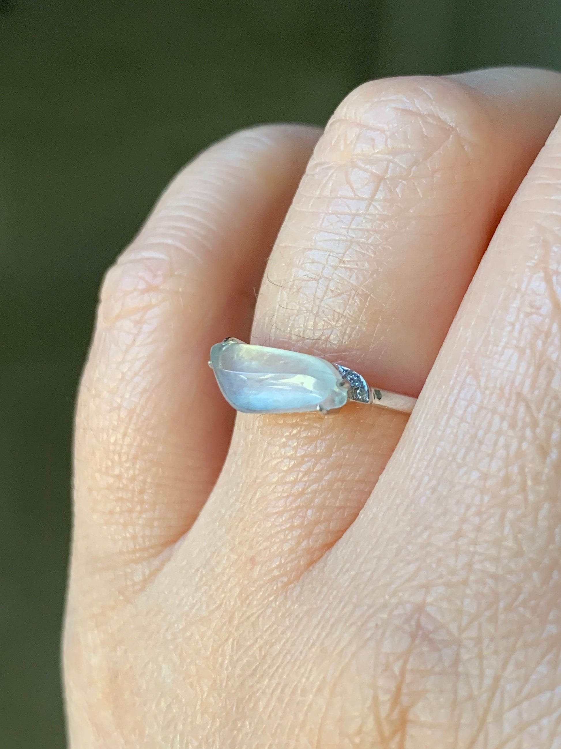 Certified 18K White Gold Burmese Premium Icy White Jadeite Horse Eye Cut Ring with Diamonds Sz 7 天然缅甸起光起冰翡翠马眼随形镶嵌戒指