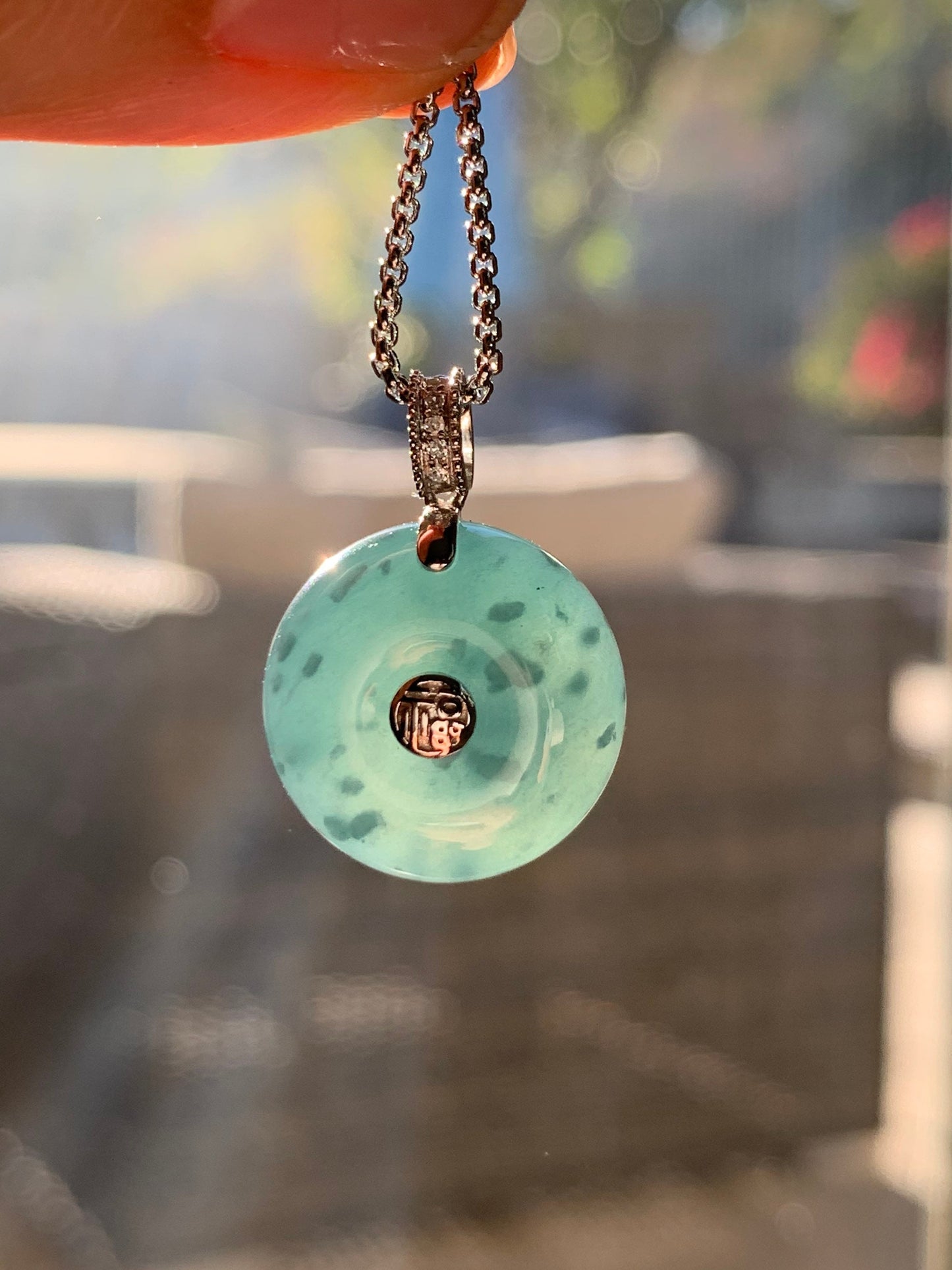 Certified Natural Guatemalan Intense Blue Jadeite Thick Ping An Kou Donut Pendant 18K White Gold and Diamonds 天然危地马拉翡翠老种冰蓝平安扣钻石镶嵌吊坠