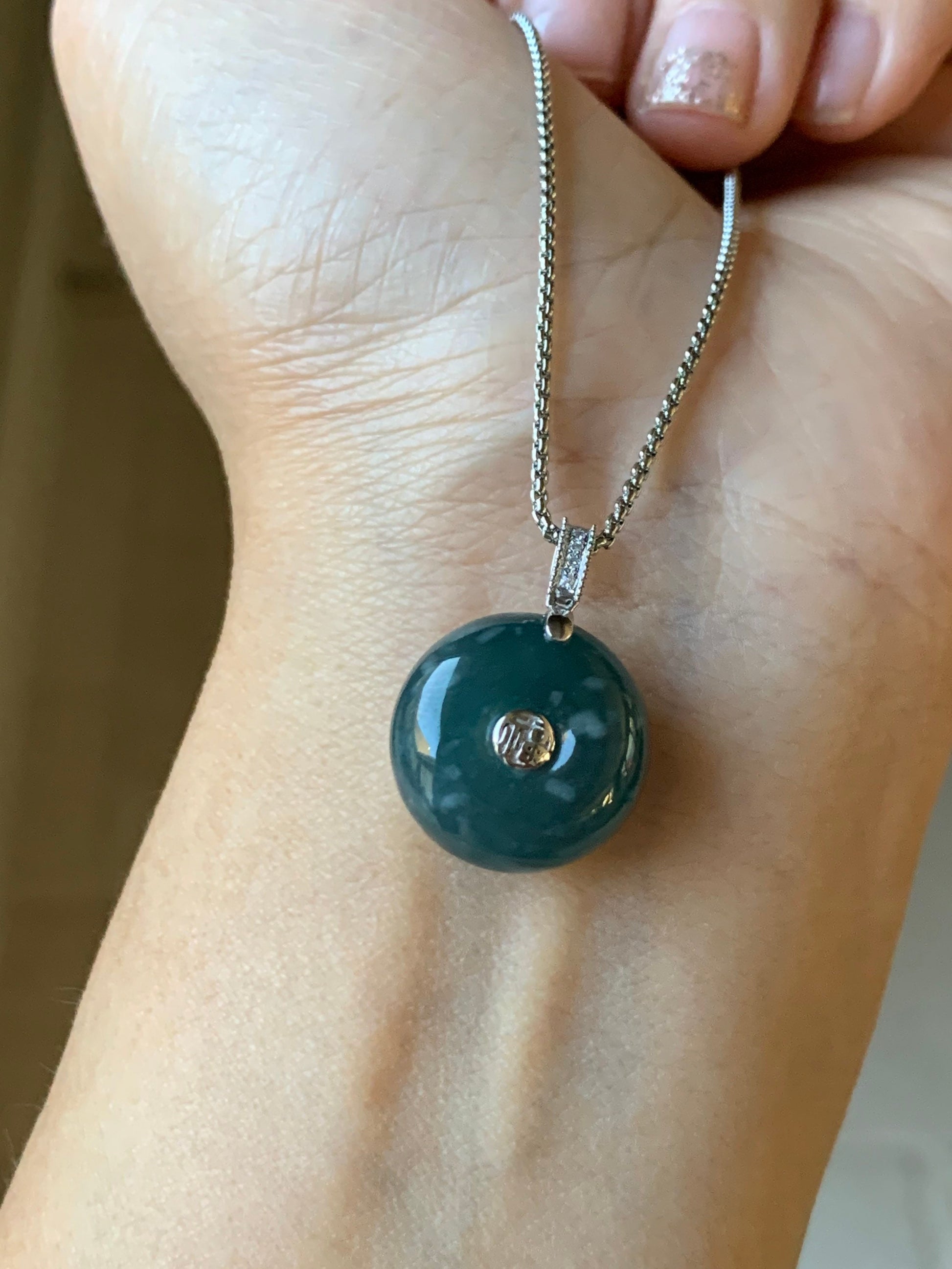 Certified Natural Guatemalan Intense Blue Jadeite Thick Ping An Kou Donut Pendant 18K White Gold and Diamonds 天然危地马拉翡翠老种冰蓝平安扣钻石镶嵌吊坠