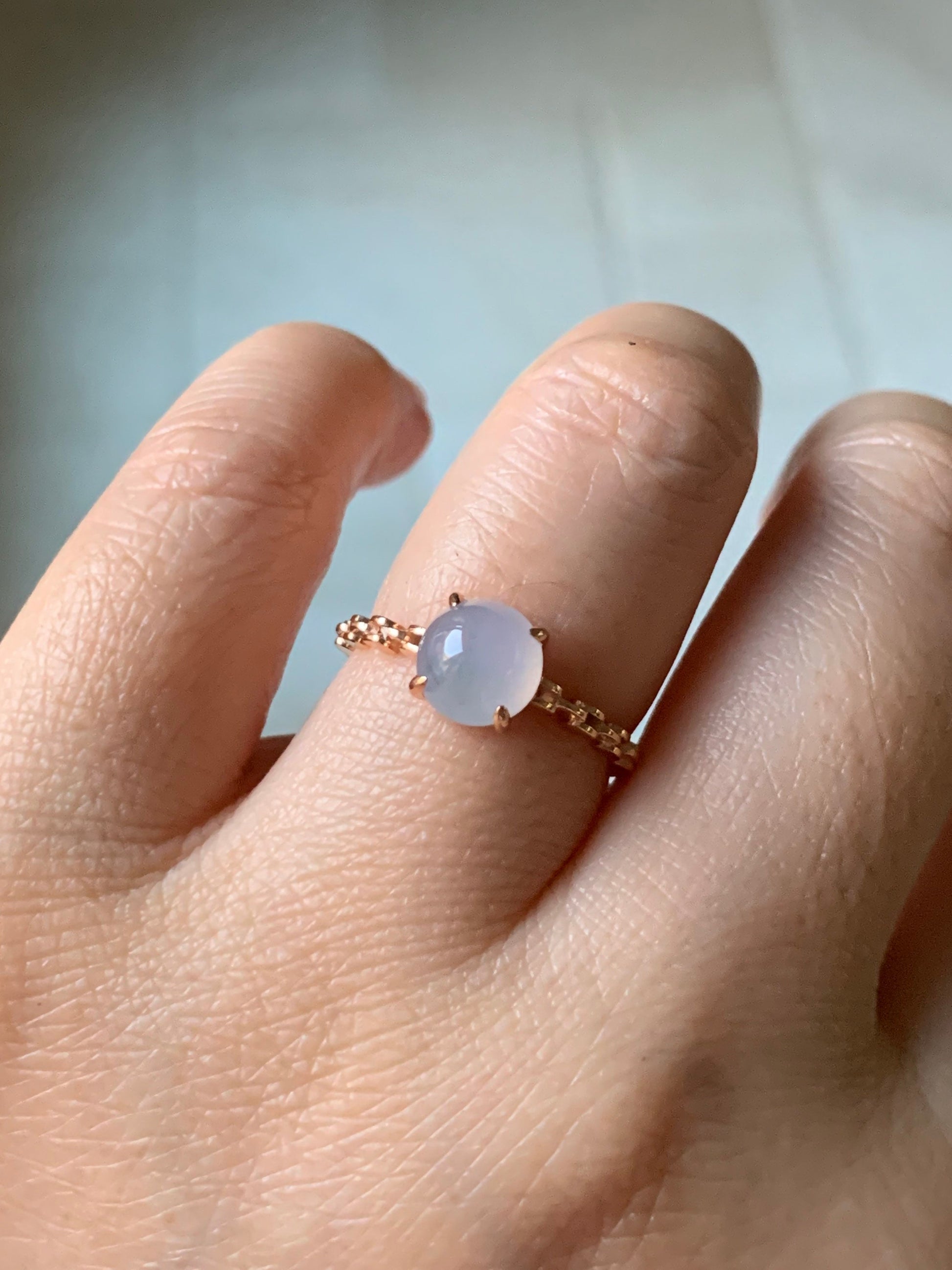 Certified Natural Burmese Icy Translucent & Gelatinous Light Purple Jadeite Ring 18K Rose Gold Sz 7 天然缅甸冰胶淡紫翡翠镶嵌戒指