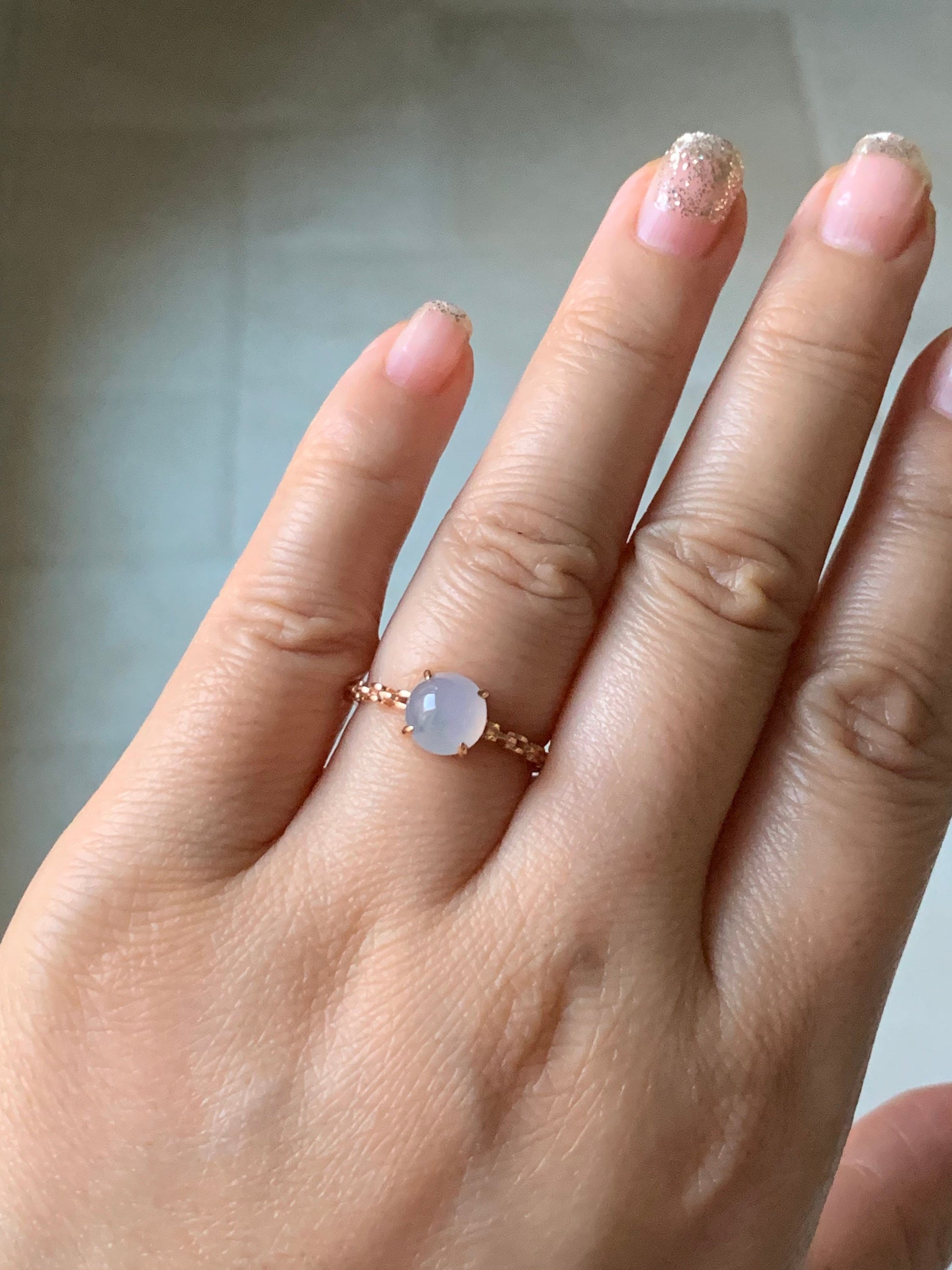 Certified Natural Burmese Icy Translucent & Gelatinous Light Purple Jadeite Ring 18K Rose Gold Sz 7 天然缅甸冰胶淡紫翡翠镶嵌戒指