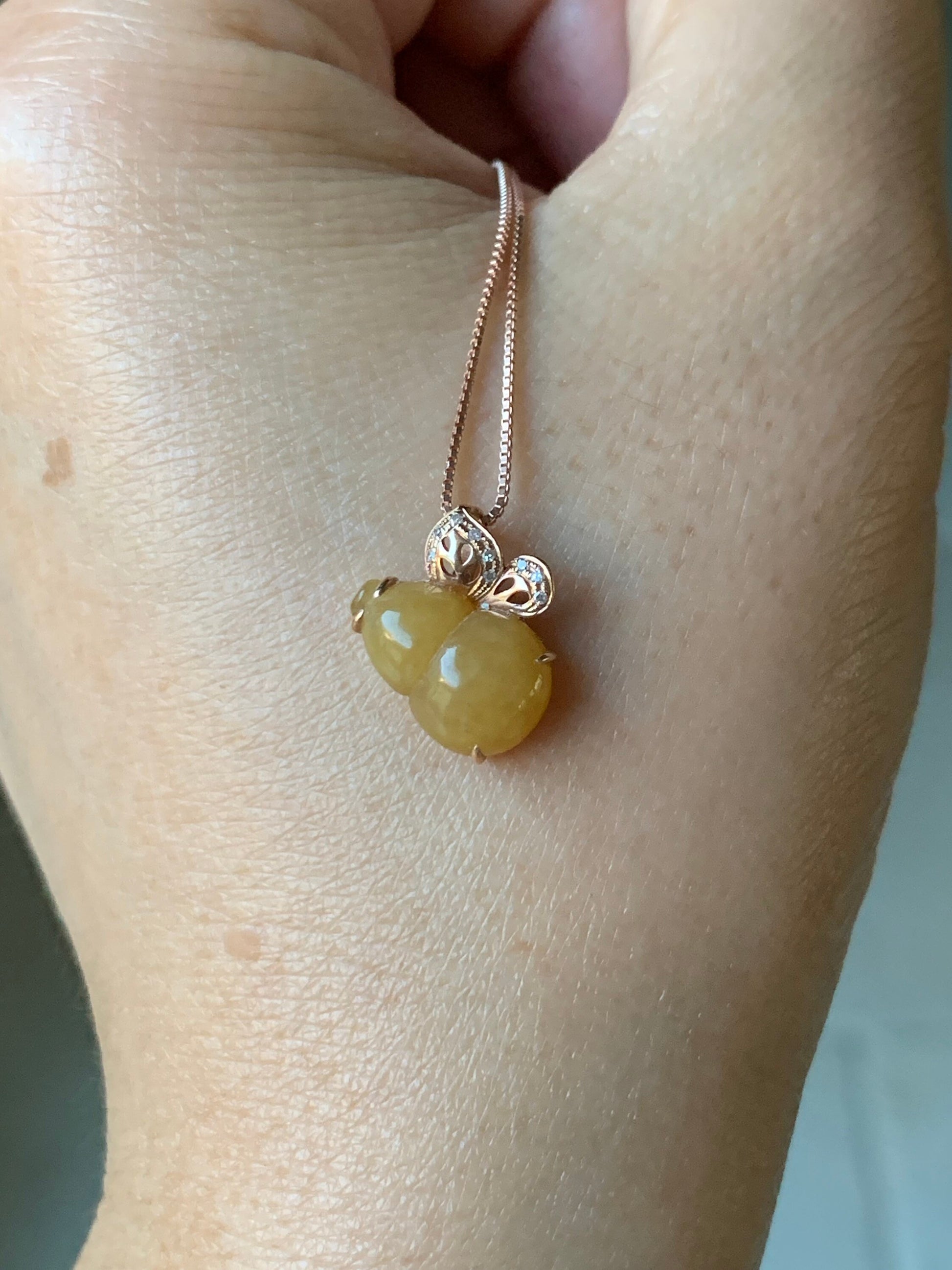 Certified Natural Burmese Icy Translucent Jadeite Gourd Hulu Pendant in 18K Rose Gold with Diamonds 天然缅甸黄翡葫芦K玫钻石镶嵌吊坠
