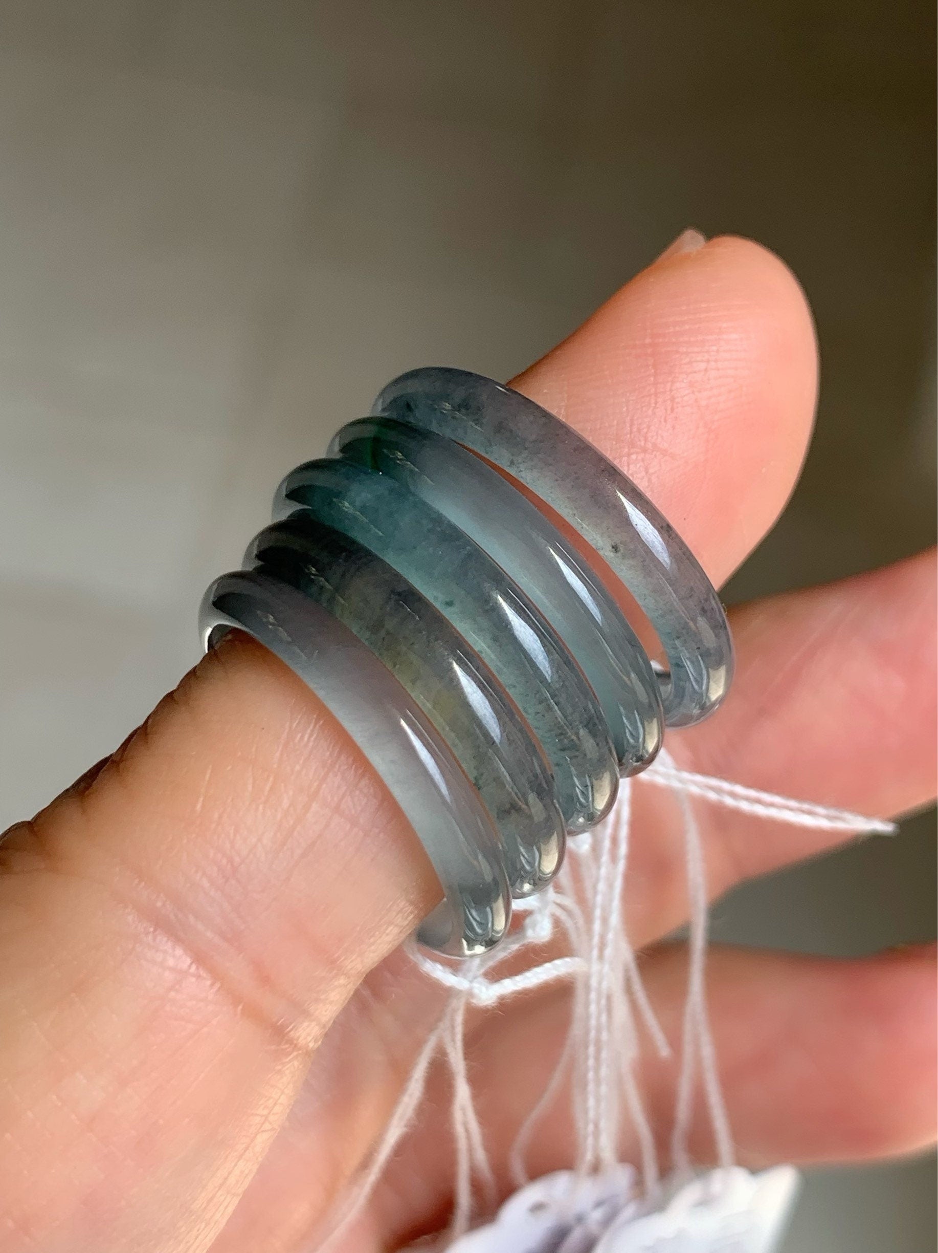 Natural Guatemalan Highly Translucent Blue Wuji & Green Marbling Jadeite Band Rings Skinny Band Size Varies 天然危地马拉起光起冰蓝乌鸡飘绿花翡翠戒圈