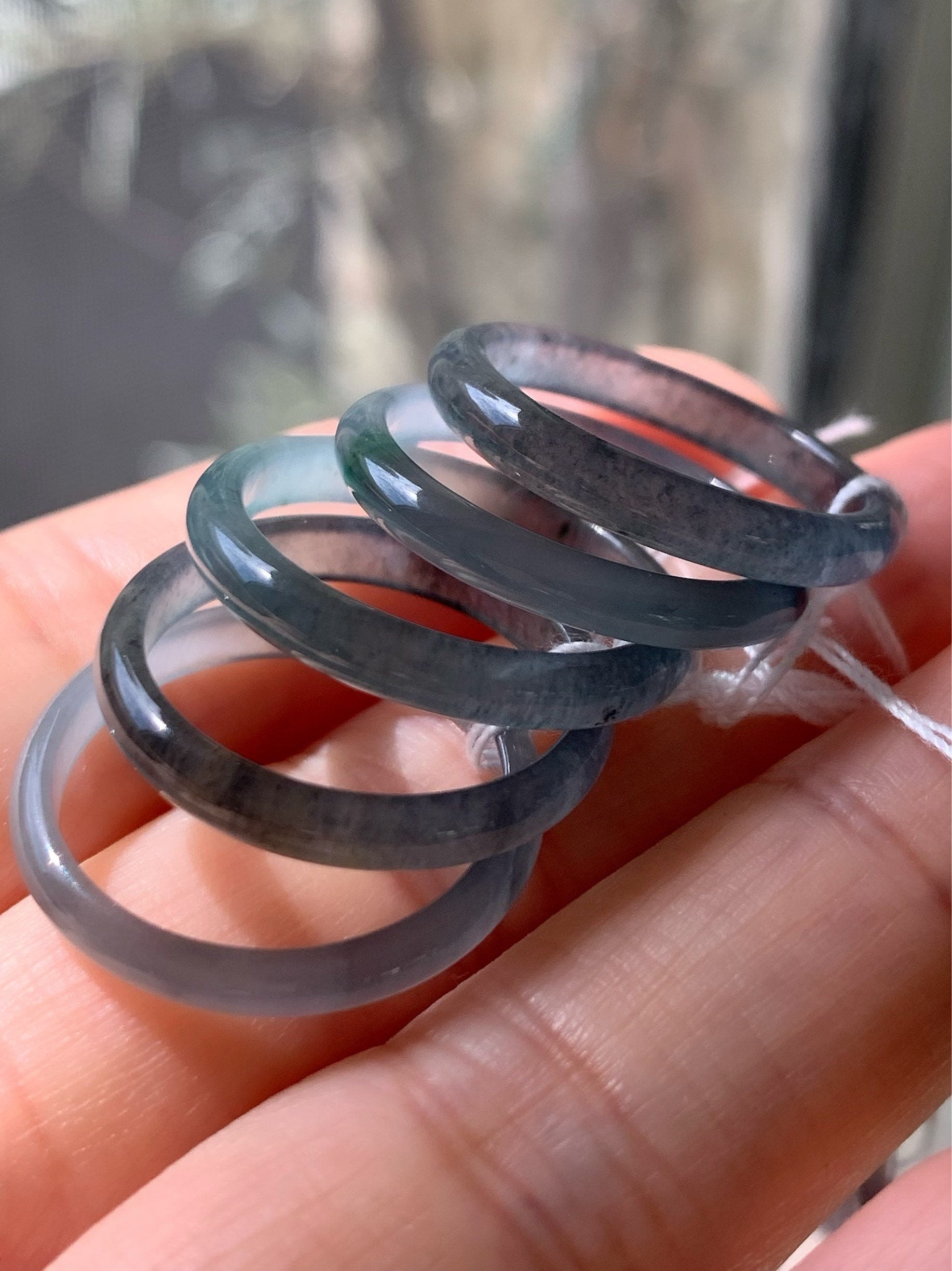 Natural Guatemalan Highly Translucent Blue Wuji & Green Marbling Jadeite Band Rings Skinny Band Size Varies 天然危地马拉起光起冰蓝乌鸡飘绿花翡翠戒圈