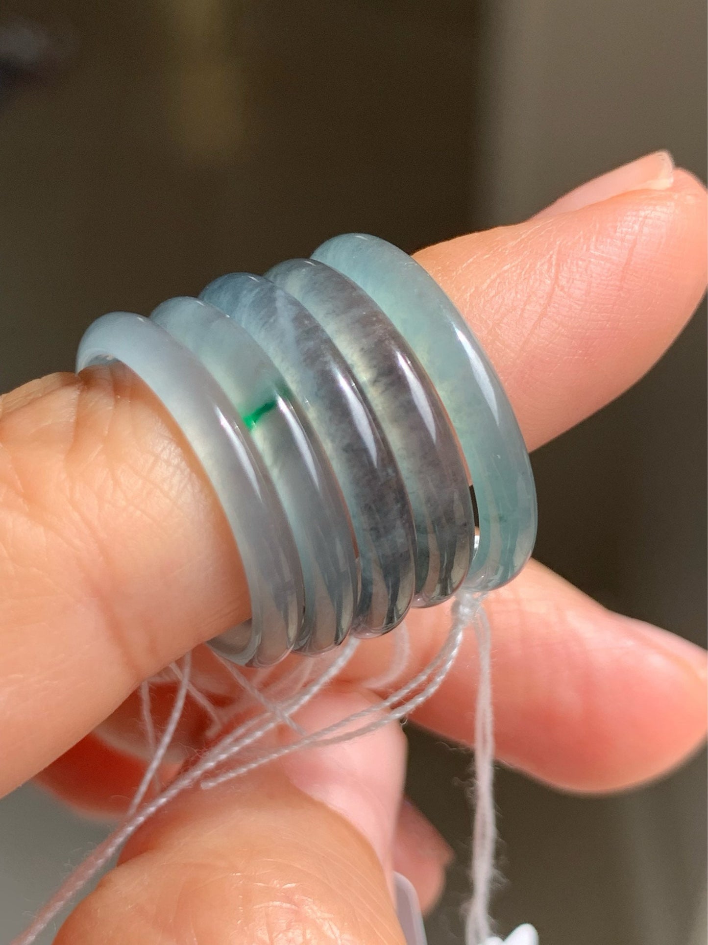 Natural Guatemalan Highly Translucent Blue Wuji & Green Marbling Jadeite Band Rings Skinny Band Size Varies 天然危地马拉起光起冰蓝乌鸡飘绿花翡翠戒圈