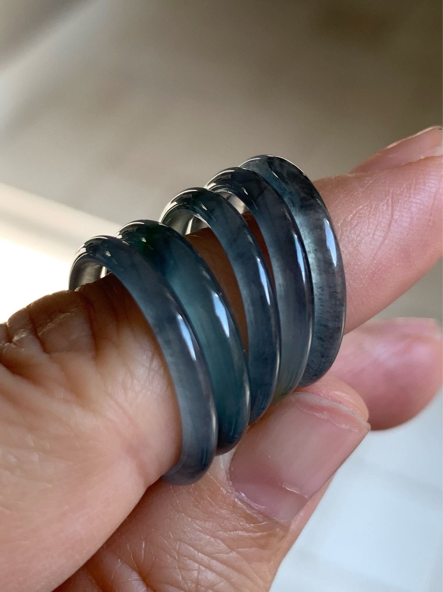 Natural Guatemalan Highly Translucent Blue Wuji & Green Marbling Jadeite Band Rings Skinny Band Size Varies 天然危地马拉起光起冰蓝乌鸡飘绿花翡翠戒圈