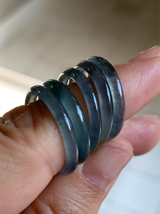 Natural Guatemalan Highly Translucent Blue Wuji & Green Marbling Jadeite Band Rings Skinny Band Size Varies 天然危地马拉起光起冰蓝乌鸡飘绿花翡翠戒圈