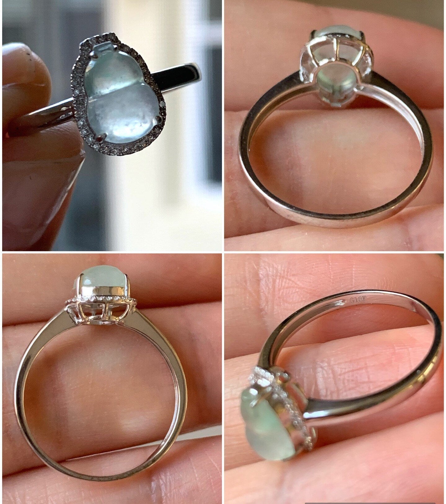 Certified Natural Burmese Premium Highly Translucent Jadeite Hulu Gourd Ring 18K White Gold & Diamonds Sz 7 天然缅甸正冰起光起钢白冰葫芦钻石镶嵌戒指