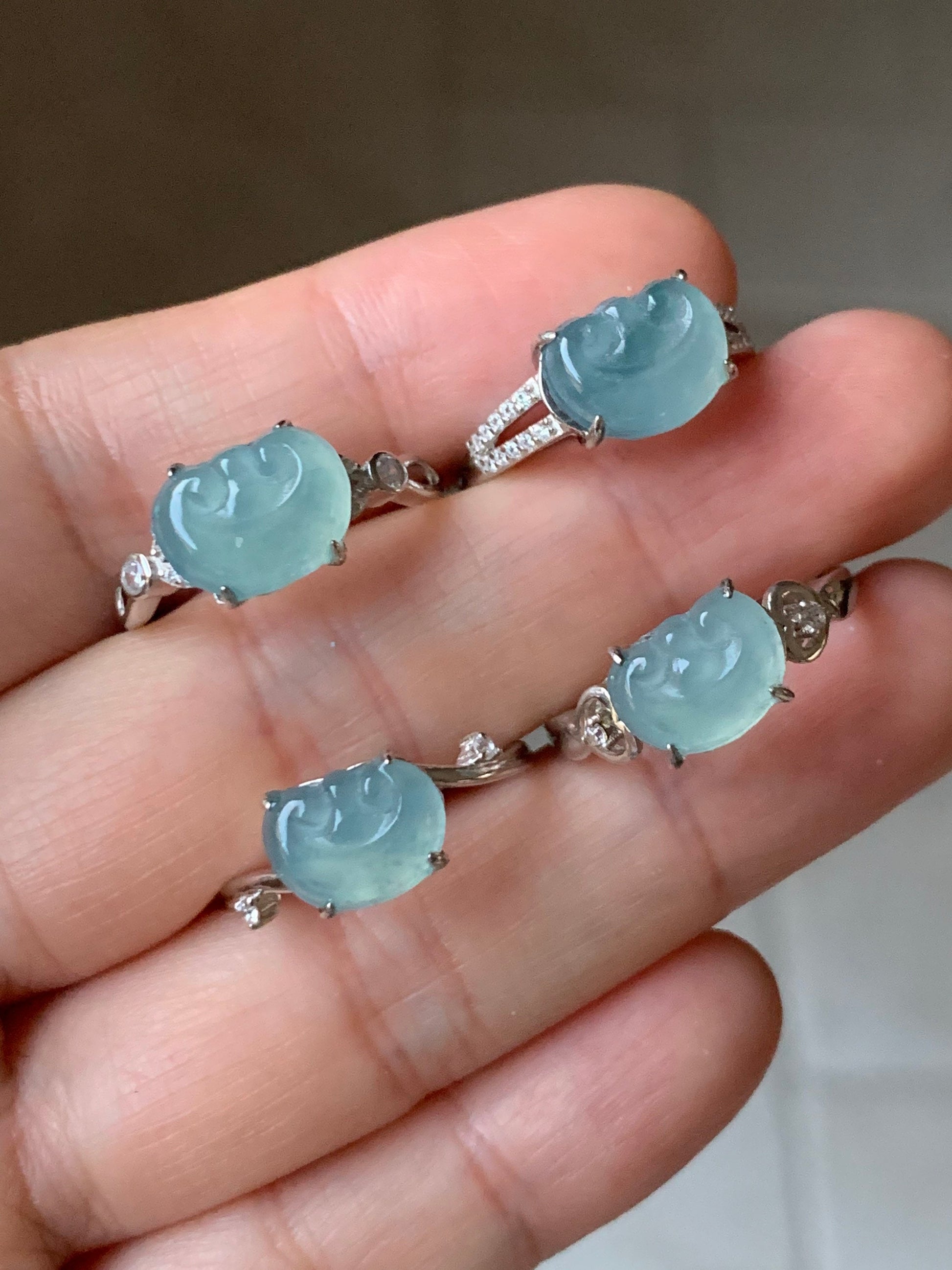 Guatemalan Natural Garde A Highly Translucent Sky Blue Jadeite Ruyi Ring S925 Silver Adjustable Sizes 天然高危蓝翡翠如意银镶戒指 WRY