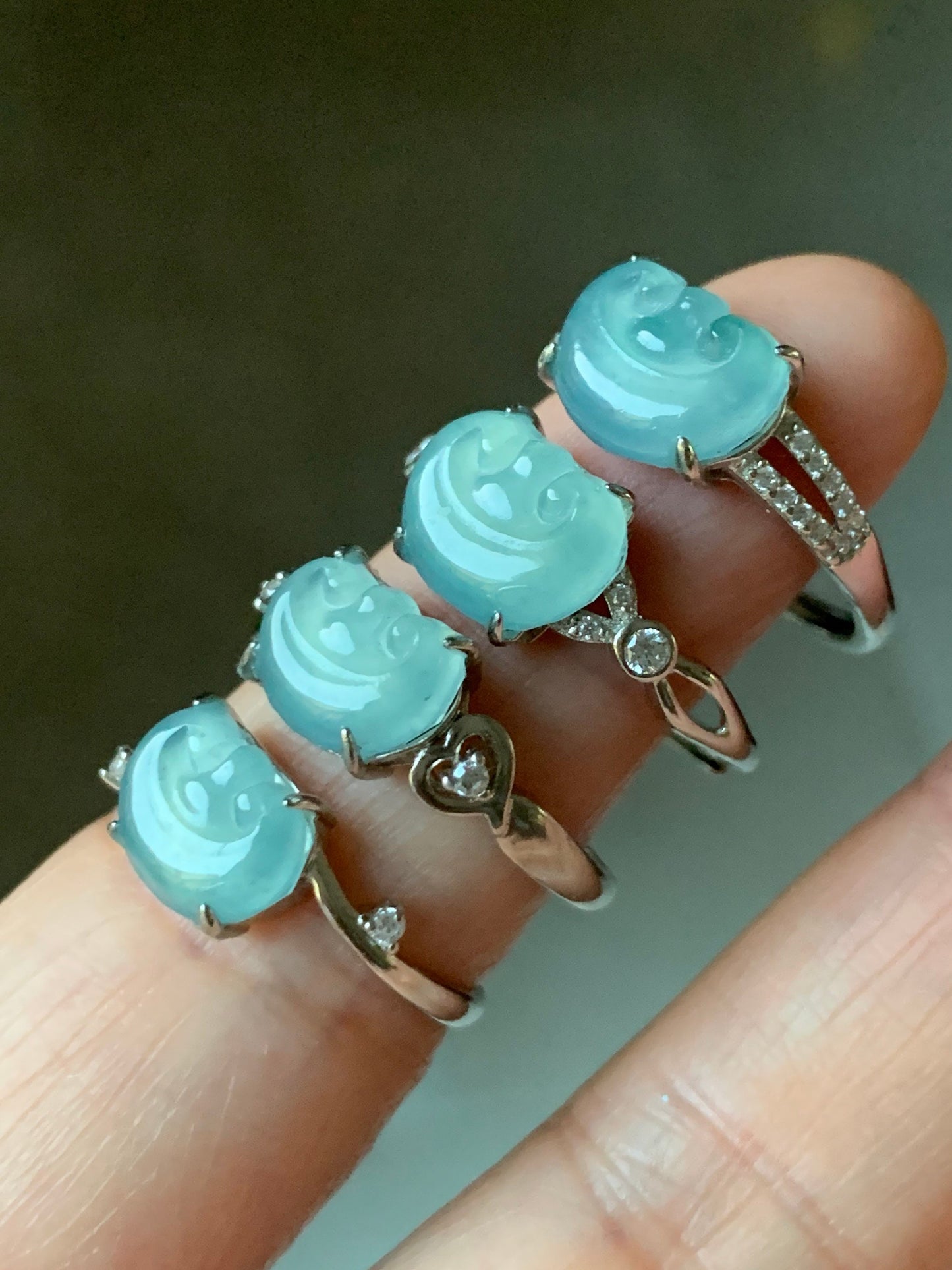 Guatemalan Natural Garde A Highly Translucent Sky Blue Jadeite Ruyi Ring S925 Silver Adjustable Sizes 天然高危蓝翡翠如意银镶戒指 WRY