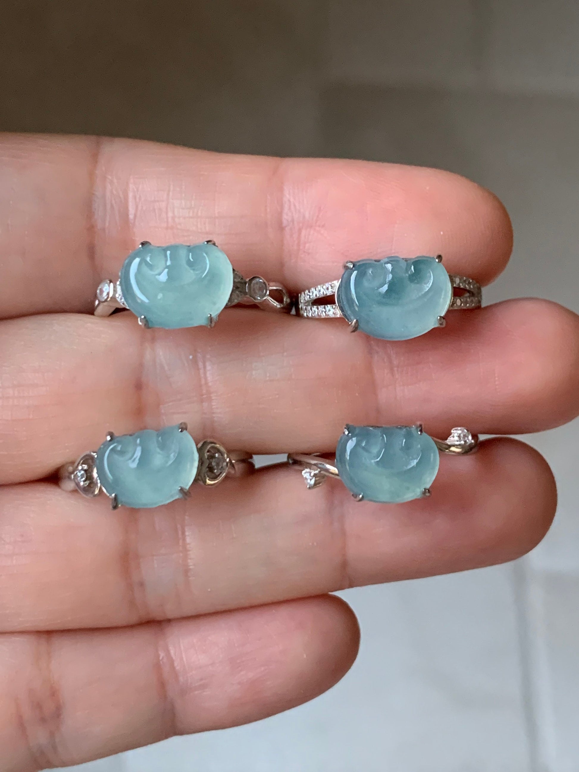 Guatemalan Natural Garde A Highly Translucent Sky Blue Jadeite Ruyi Ring S925 Silver Adjustable Sizes 天然高危蓝翡翠如意银镶戒指 WRY