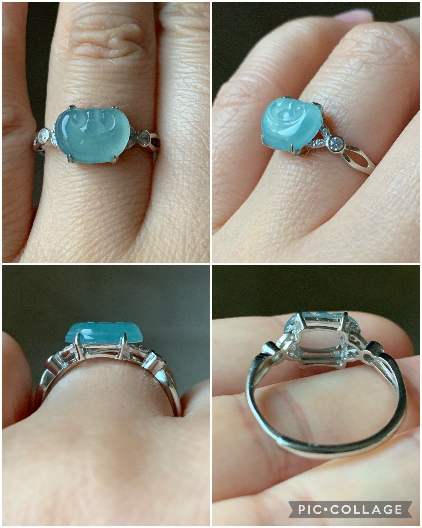 Guatemalan Natural Garde A Highly Translucent Sky Blue Jadeite Ruyi Ring S925 Silver Adjustable Sizes 天然高危蓝翡翠如意银镶戒指 WRY