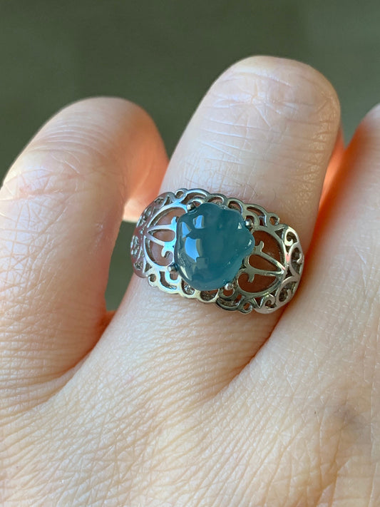 Natural Guatemalan Icy Translucent Blue Jadeite Carved Paw Print Ring S925 Sterling Silver Adjustable Size 天然冰危蓝水翡翠猫爪银镶戒指 MZYJ