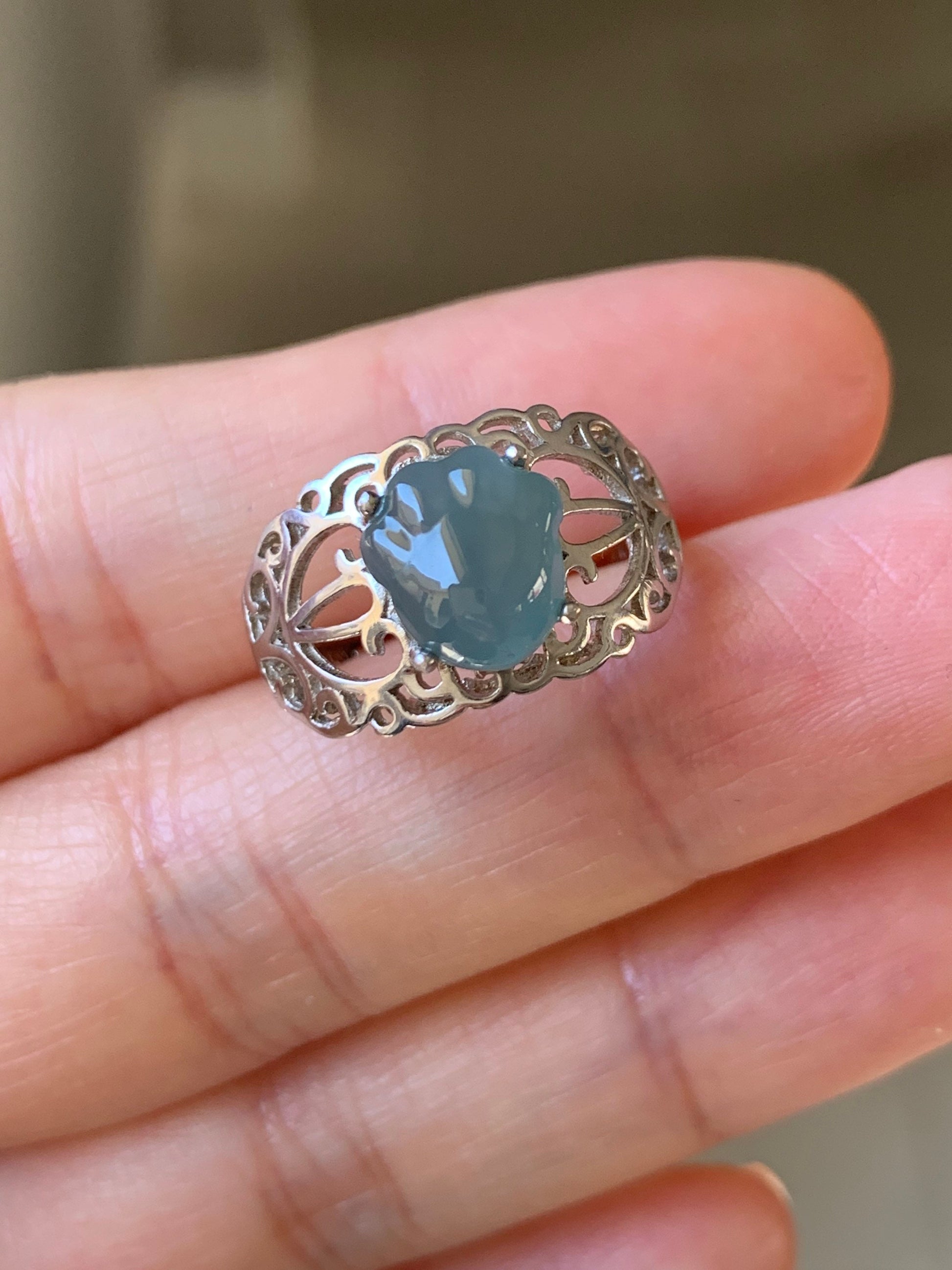 Natural Guatemalan Icy Translucent Blue Jadeite Carved Paw Print Ring S925 Sterling Silver Adjustable Size 天然冰危蓝水翡翠猫爪银镶戒指 MZYJ