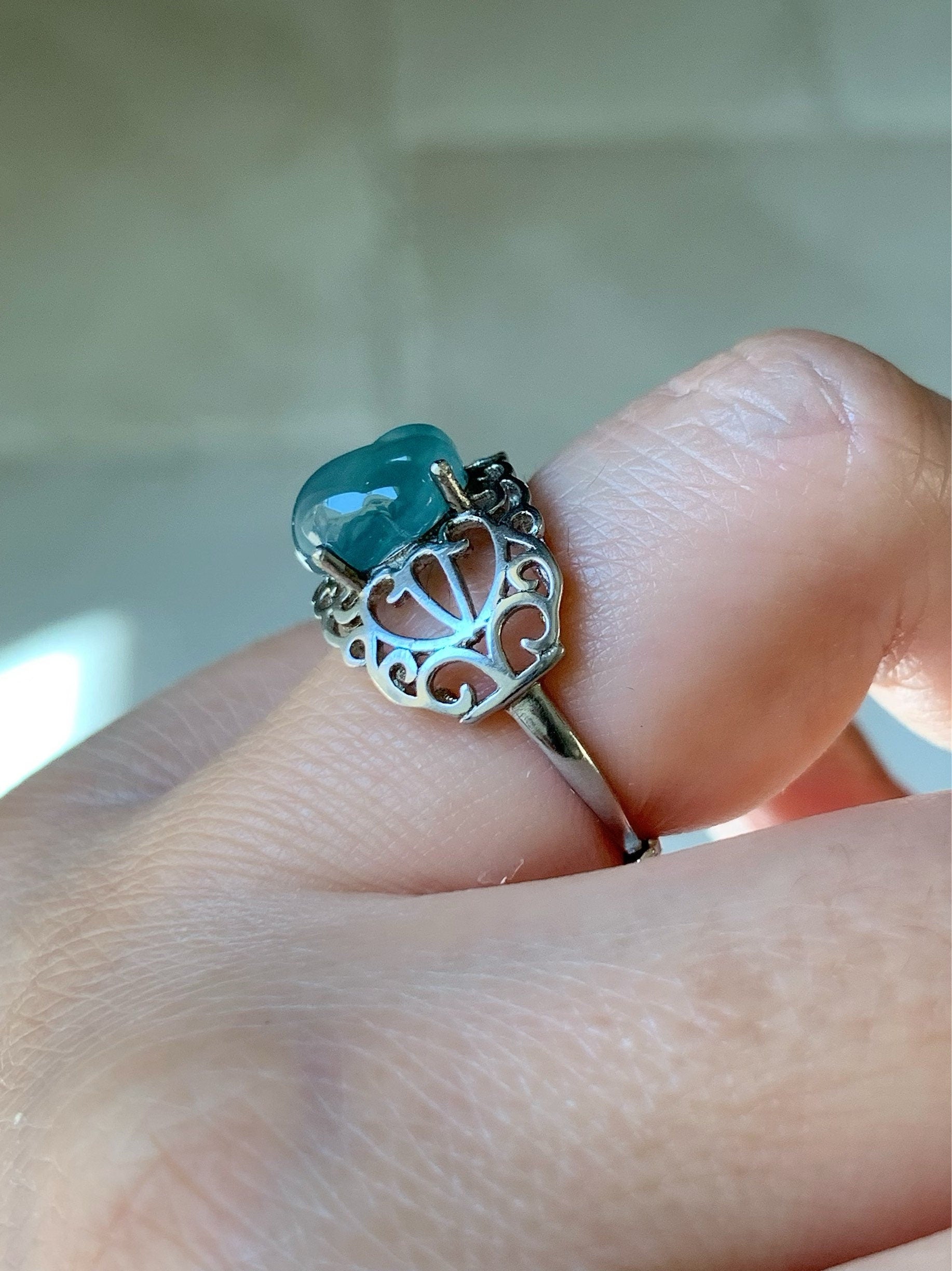 Natural Guatemalan Icy Translucent Blue Jadeite Carved Paw Print Ring S925 Sterling Silver Adjustable Size 天然冰危蓝水翡翠猫爪银镶戒指 MZYJ