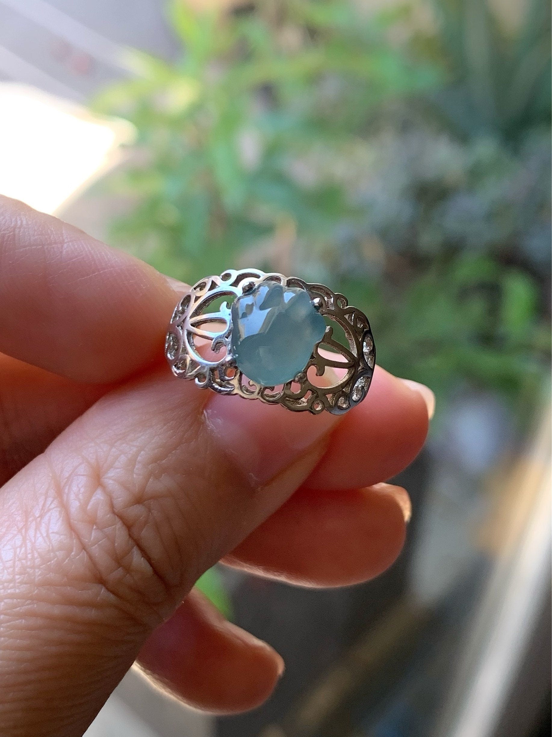 Natural Guatemalan Icy Translucent Blue Jadeite Carved Paw Print Ring S925 Sterling Silver Adjustable Size 天然冰危蓝水翡翠猫爪银镶戒指 MZYJ
