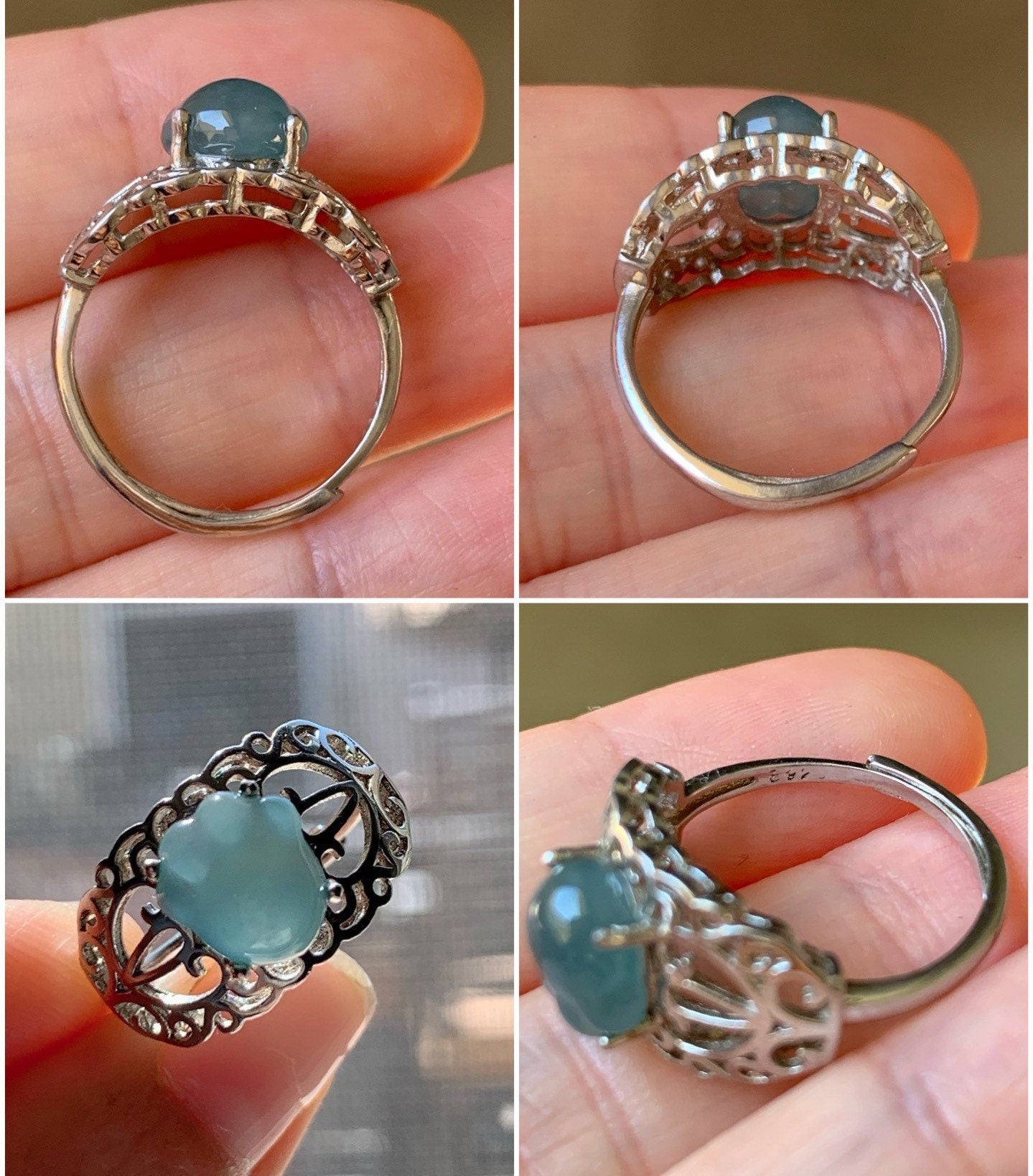 Natural Guatemalan Icy Translucent Blue Jadeite Carved Paw Print Ring S925 Sterling Silver Adjustable Size 天然冰危蓝水翡翠猫爪银镶戒指 MZYJ
