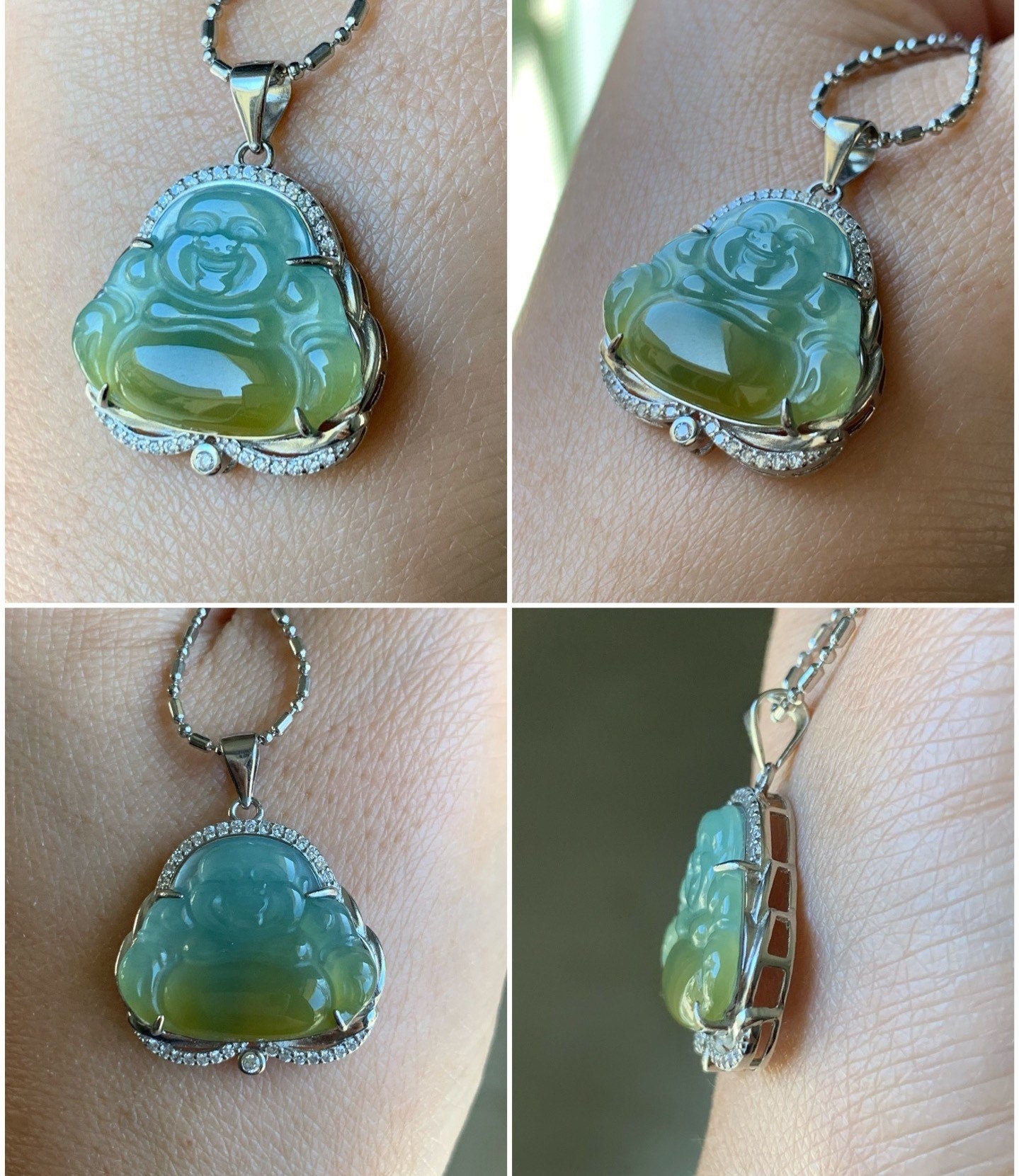 Natural Guatemalan Premium Highly Translucent Icy Blue Or Bi-Colored Jadeite Buddha Pendant S925 Silver 天然冰危正冰翡翠佛公镶嵌吊坠