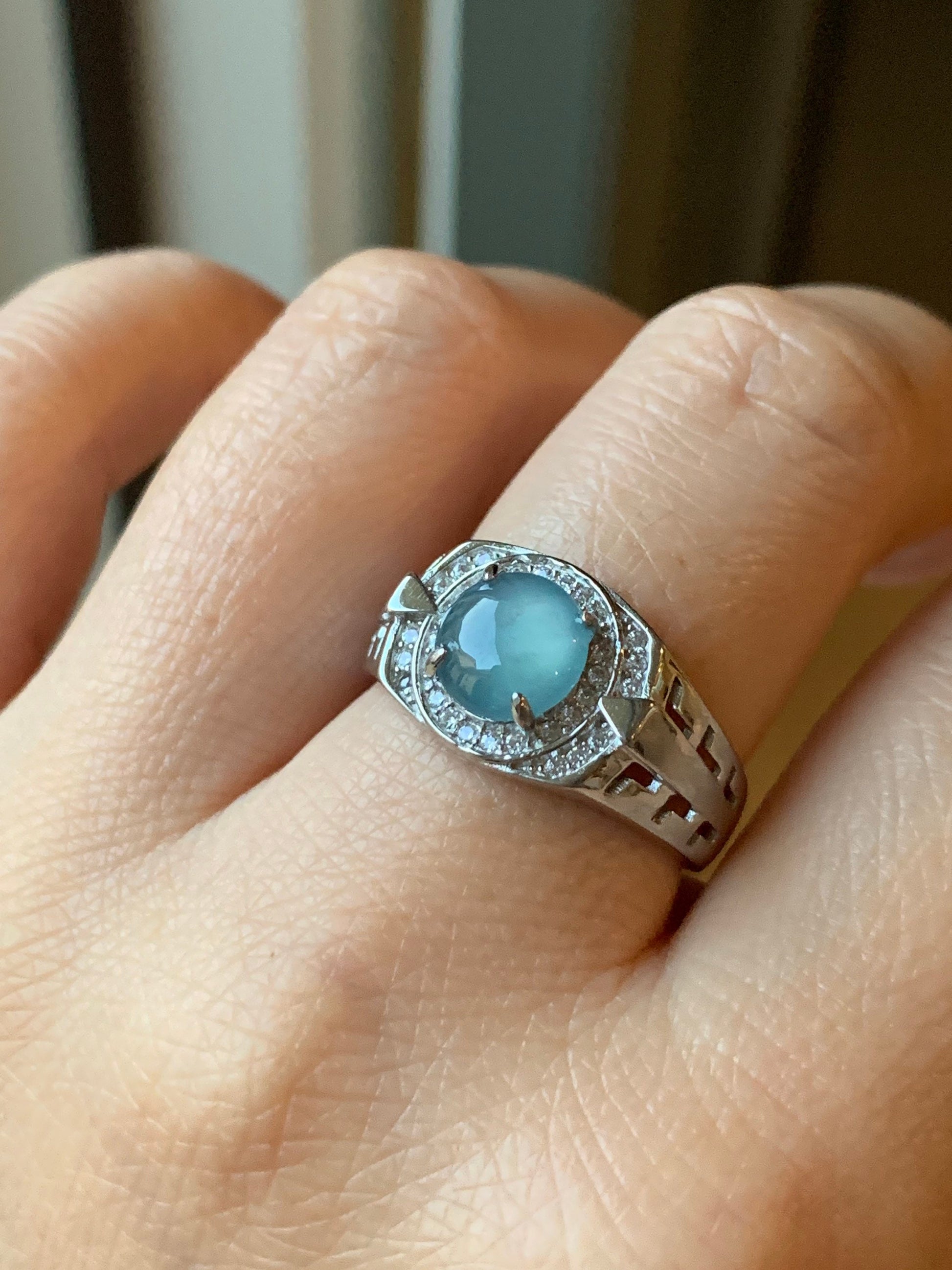 Large Natural Guatemalan Icy Highly Translucent Blue Jadeite Band Ring S925 Sterling Silver Size 9.5 Adjustable 天然老种冰蓝危地马拉翡翠宽版银镶戒指 WNJ90