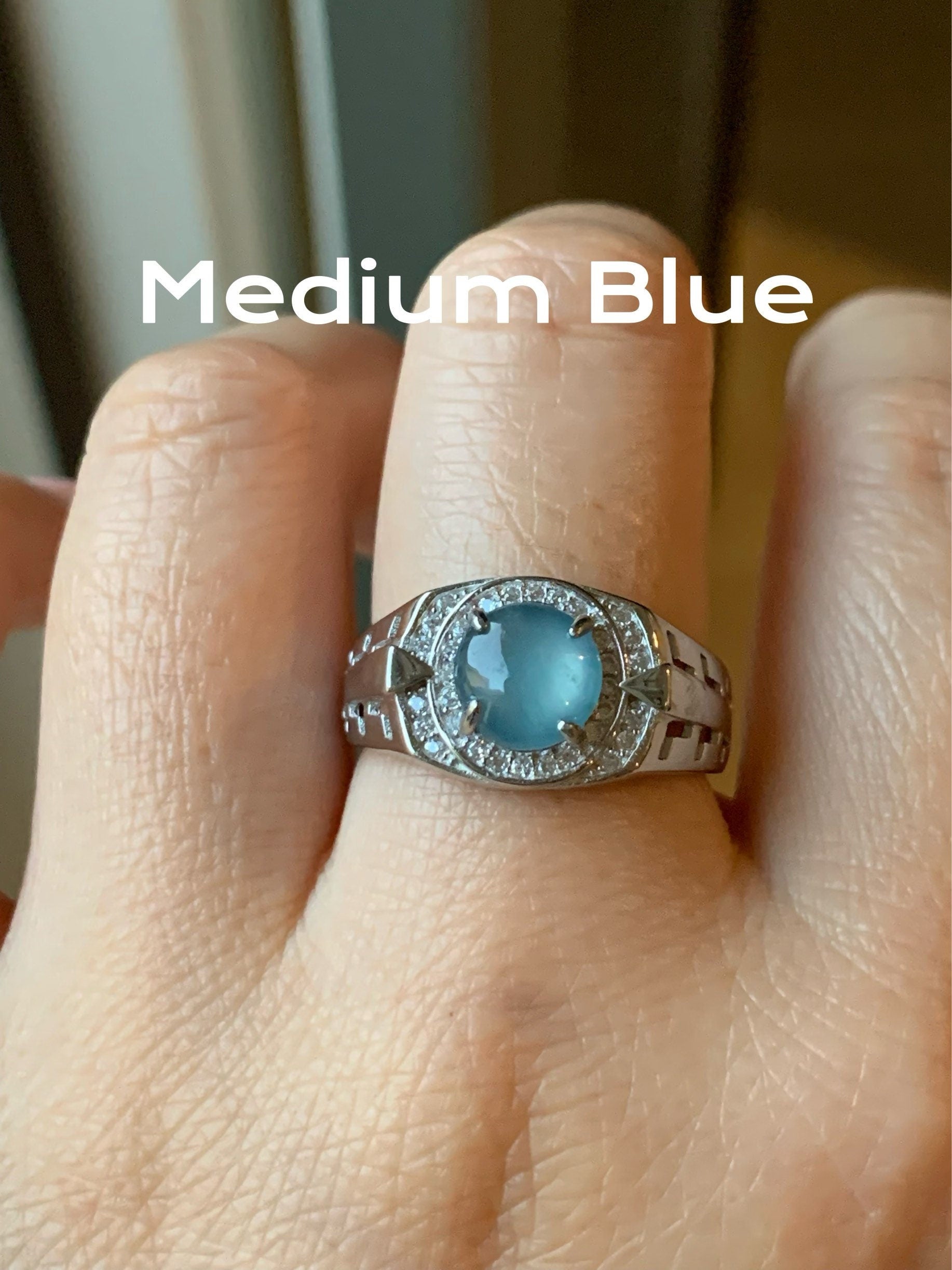 Large Natural Guatemalan Icy Highly Translucent Blue Jadeite Band Ring S925 Sterling Silver Size 9.5 Adjustable 天然老种冰蓝危地马拉翡翠宽版银镶戒指 WNJ90