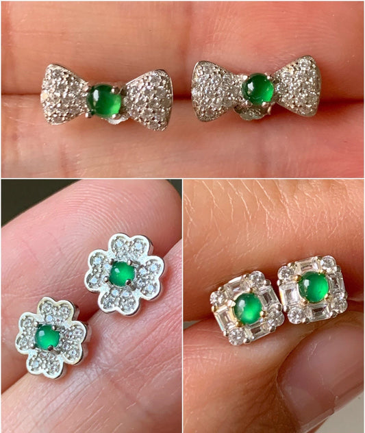 Natural Guatemalan Highly Translucent Vibrant Green Jadeite Stud Earrings S925 Silver Style Varies 天然高危绿翡翠镶嵌耳钉