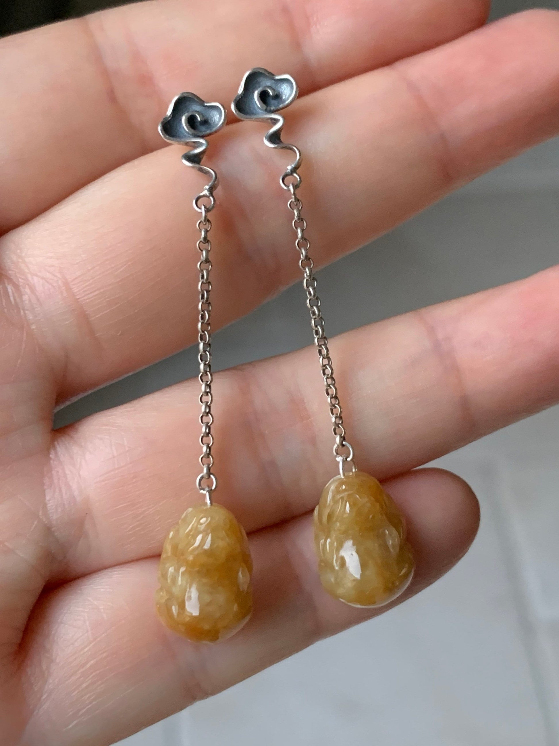 Natural Burmese Icy translucent Dark Yellow Jadeite Pixiu Dangle Earrings S925 Silver 天然缅甸冰黄翡翠貔貅银镶耳钩