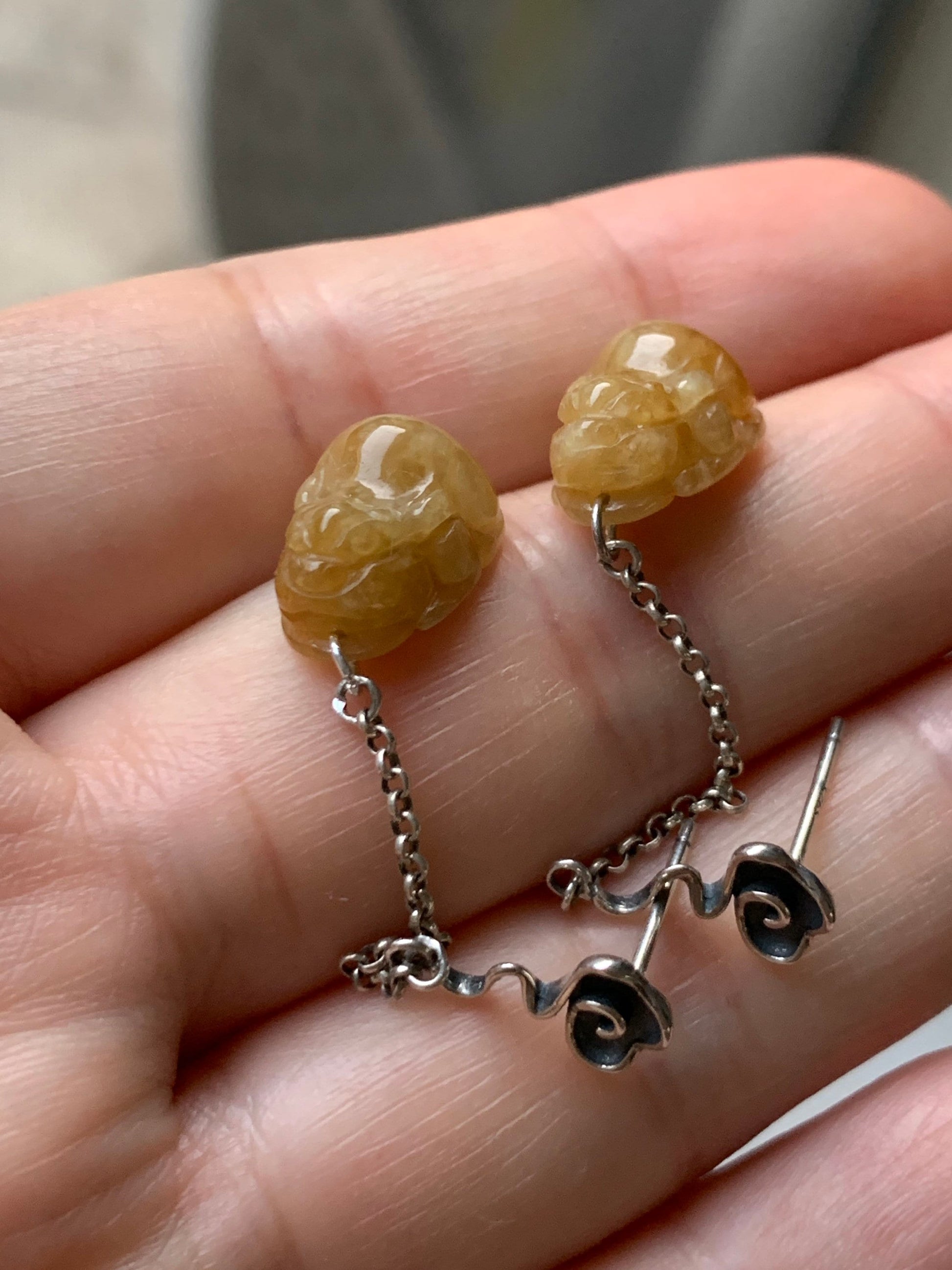 Natural Burmese Icy translucent Dark Yellow Jadeite Pixiu Dangle Earrings S925 Silver 天然缅甸冰黄翡翠貔貅银镶耳钩
