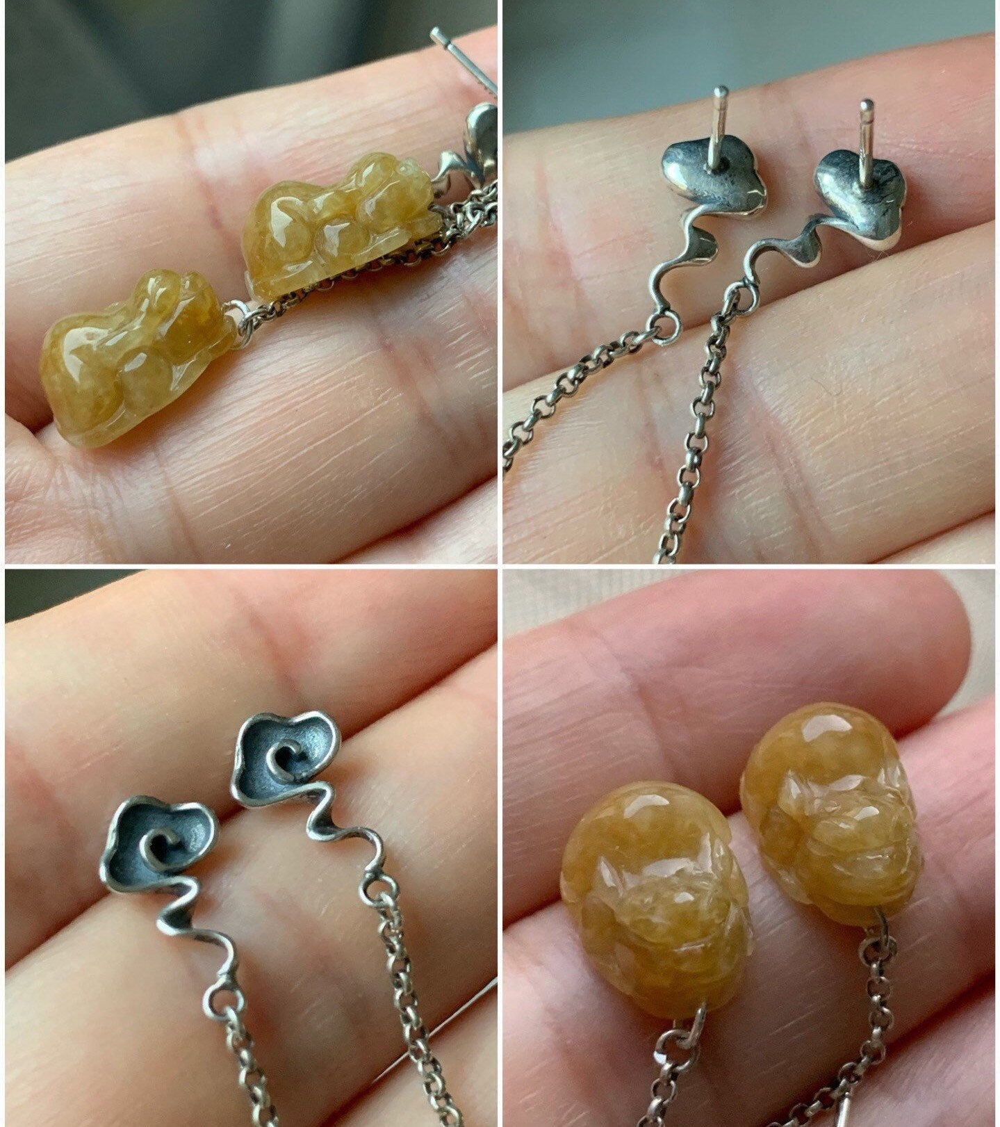 Natural Burmese Icy translucent Dark Yellow Jadeite Pixiu Dangle Earrings S925 Silver 天然缅甸冰黄翡翠貔貅银镶耳钩