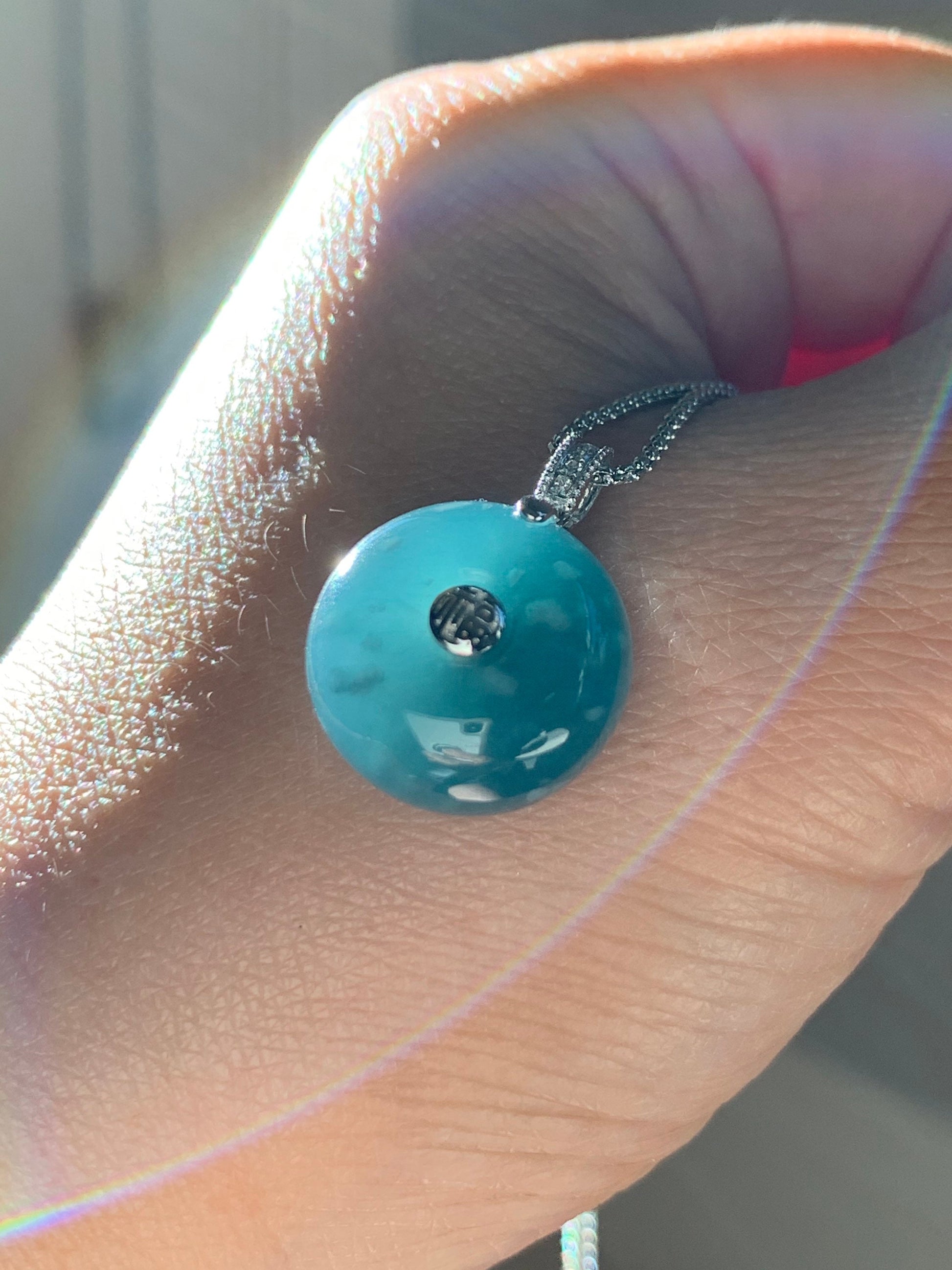 Certified Natural Guatemalan Intense Blue Jadeite Thick Ping An Kou Donut Pendant 18K White Gold and Diamonds 天然危地马拉翡翠老种冰蓝平安扣钻石镶嵌吊坠