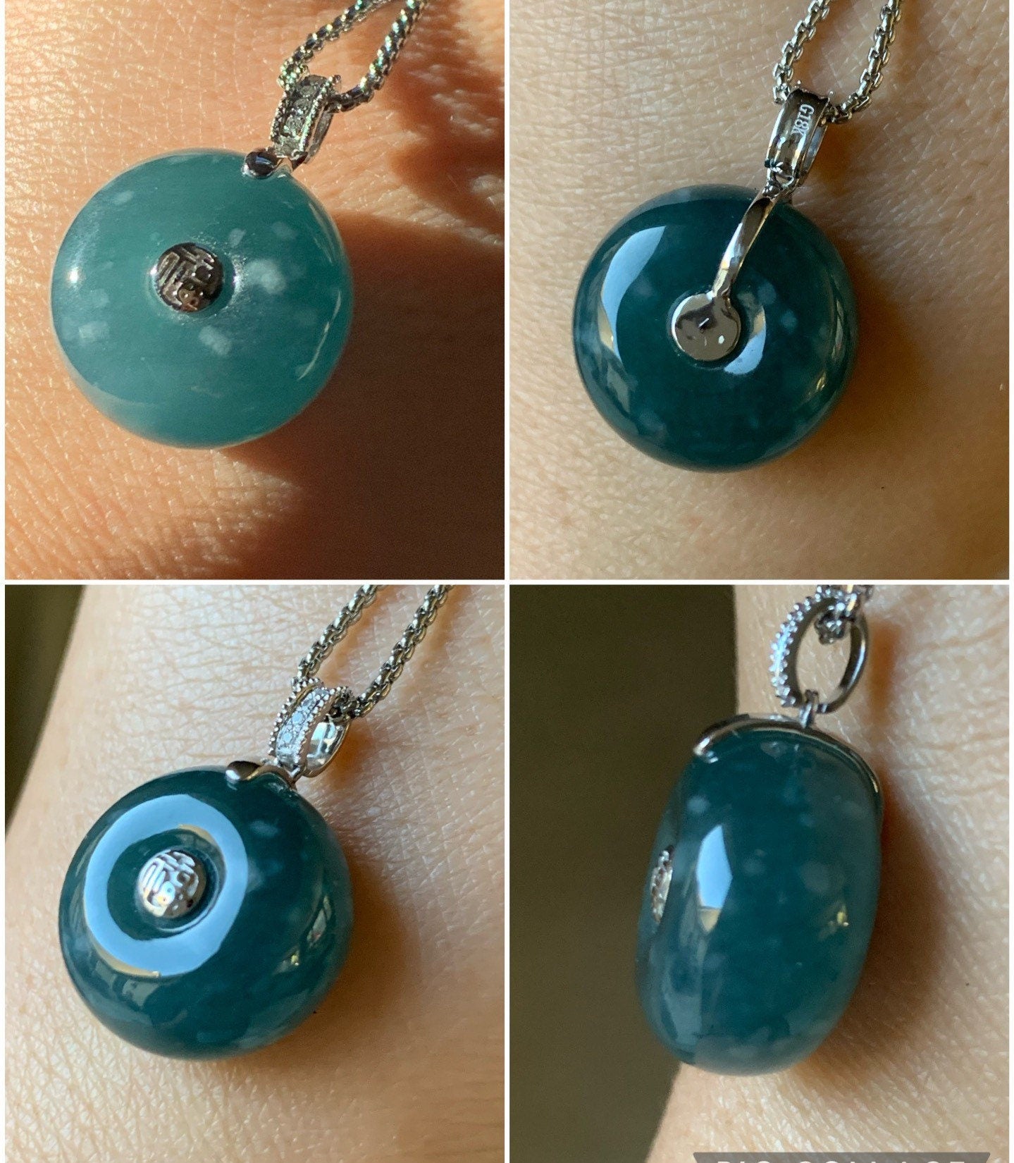 Certified Natural Guatemalan Intense Blue Jadeite Thick Ping An Kou Donut Pendant 18K White Gold and Diamonds 天然危地马拉翡翠老种冰蓝平安扣钻石镶嵌吊坠