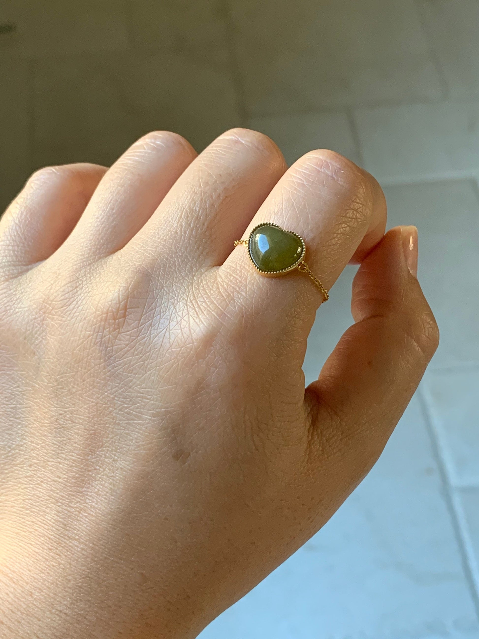 Certified Natural Burmese Premium Translucent Dark Yellow Jadeite Heart Adjustable Chain Ring 18K Yellow Gold 天然缅甸老种冰浓黄翡爱心镶嵌戒指