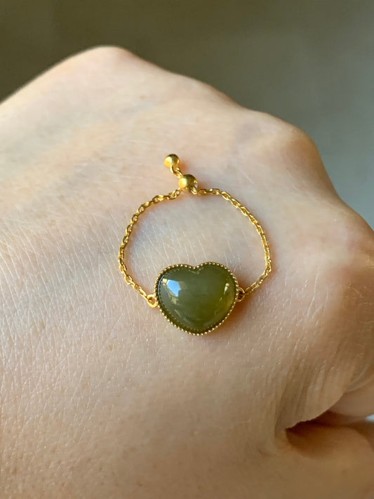 Certified Natural Burmese Premium Translucent Dark Yellow Jadeite Heart Adjustable Chain Ring 18K Yellow Gold 天然缅甸老种冰浓黄翡爱心镶嵌戒指