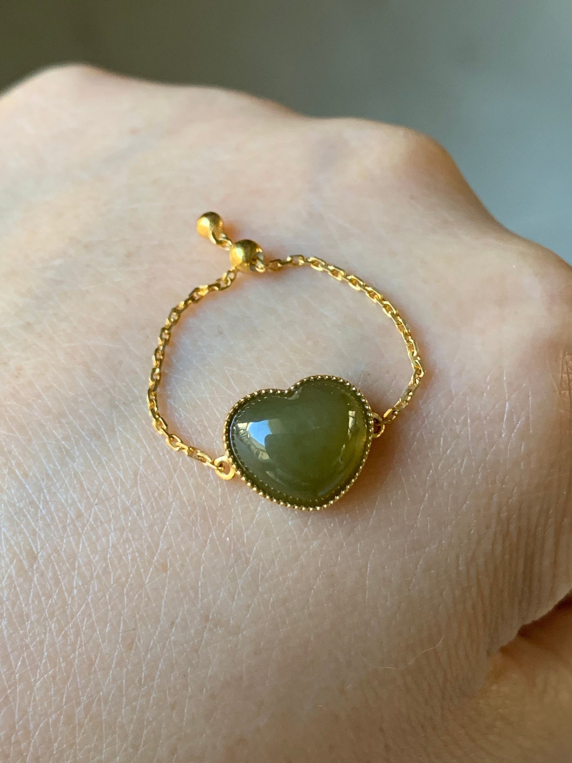 Certified Natural Burmese Premium Translucent Dark Yellow Jadeite Heart Adjustable Chain Ring 18K Yellow Gold 天然缅甸老种冰浓黄翡爱心镶嵌戒指
