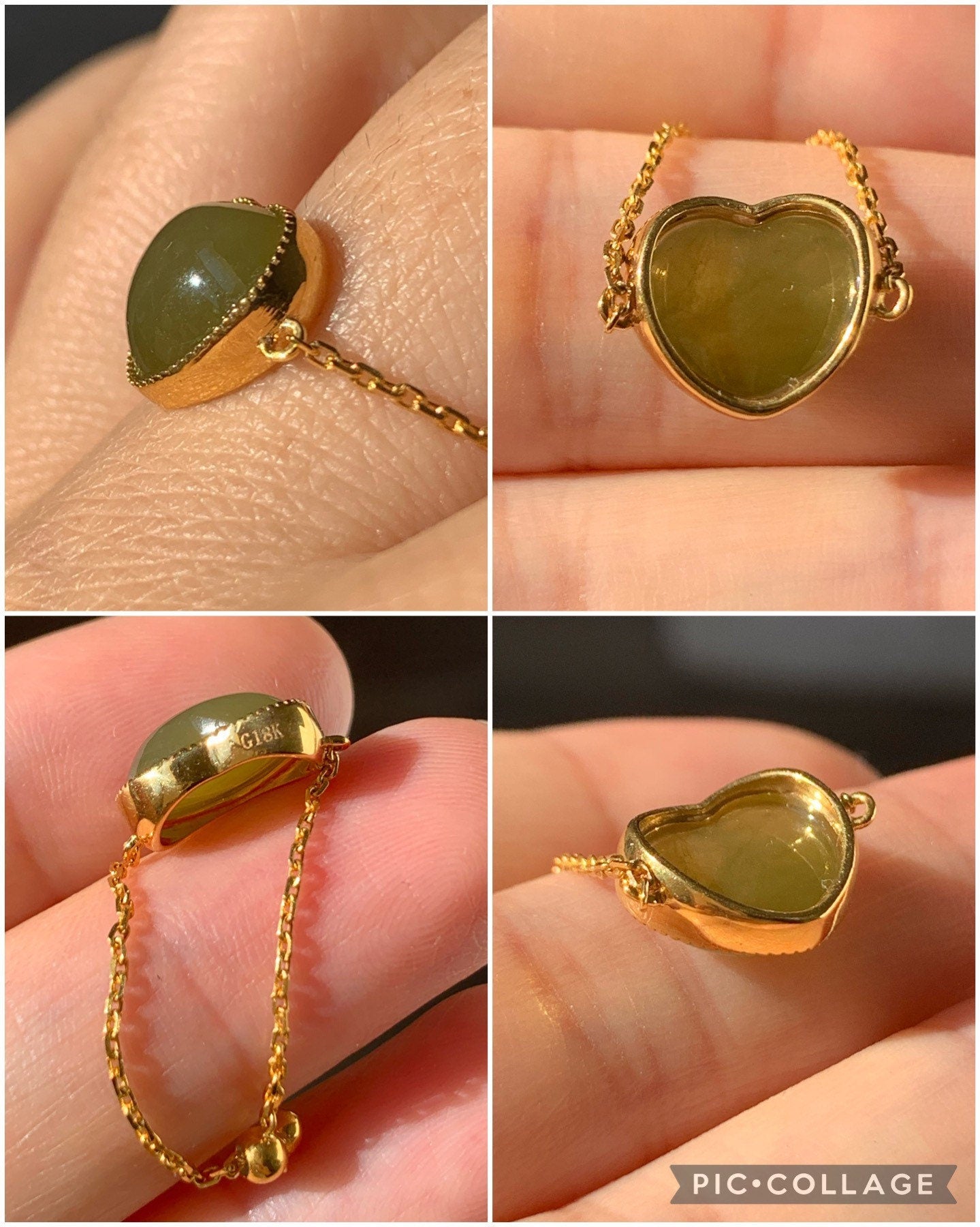 Certified Natural Burmese Premium Translucent Dark Yellow Jadeite Heart Adjustable Chain Ring 18K Yellow Gold 天然缅甸老种冰浓黄翡爱心镶嵌戒指