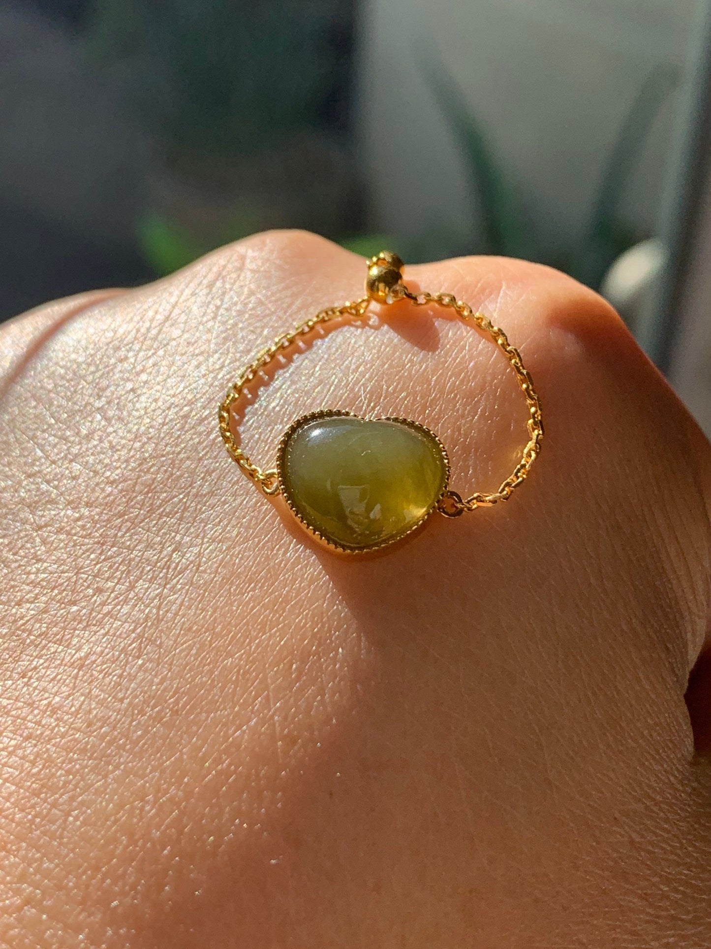 Certified Natural Burmese Premium Translucent Dark Yellow Jadeite Heart Adjustable Chain Ring 18K Yellow Gold 天然缅甸老种冰浓黄翡爱心镶嵌戒指