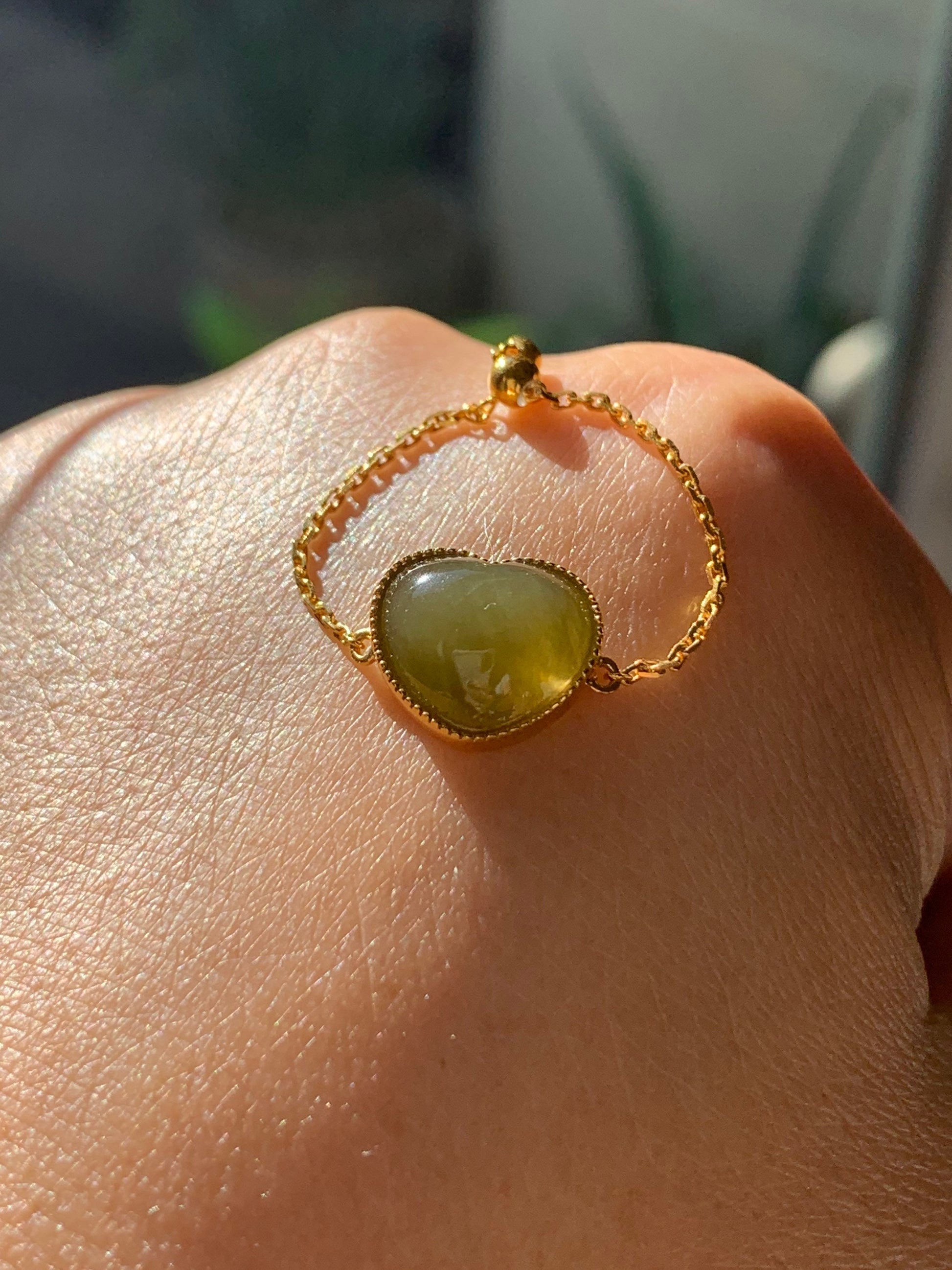 Certified Natural Burmese Premium Translucent Dark Yellow Jadeite Heart Adjustable Chain Ring 18K Yellow Gold 天然缅甸老种冰浓黄翡爱心镶嵌戒指