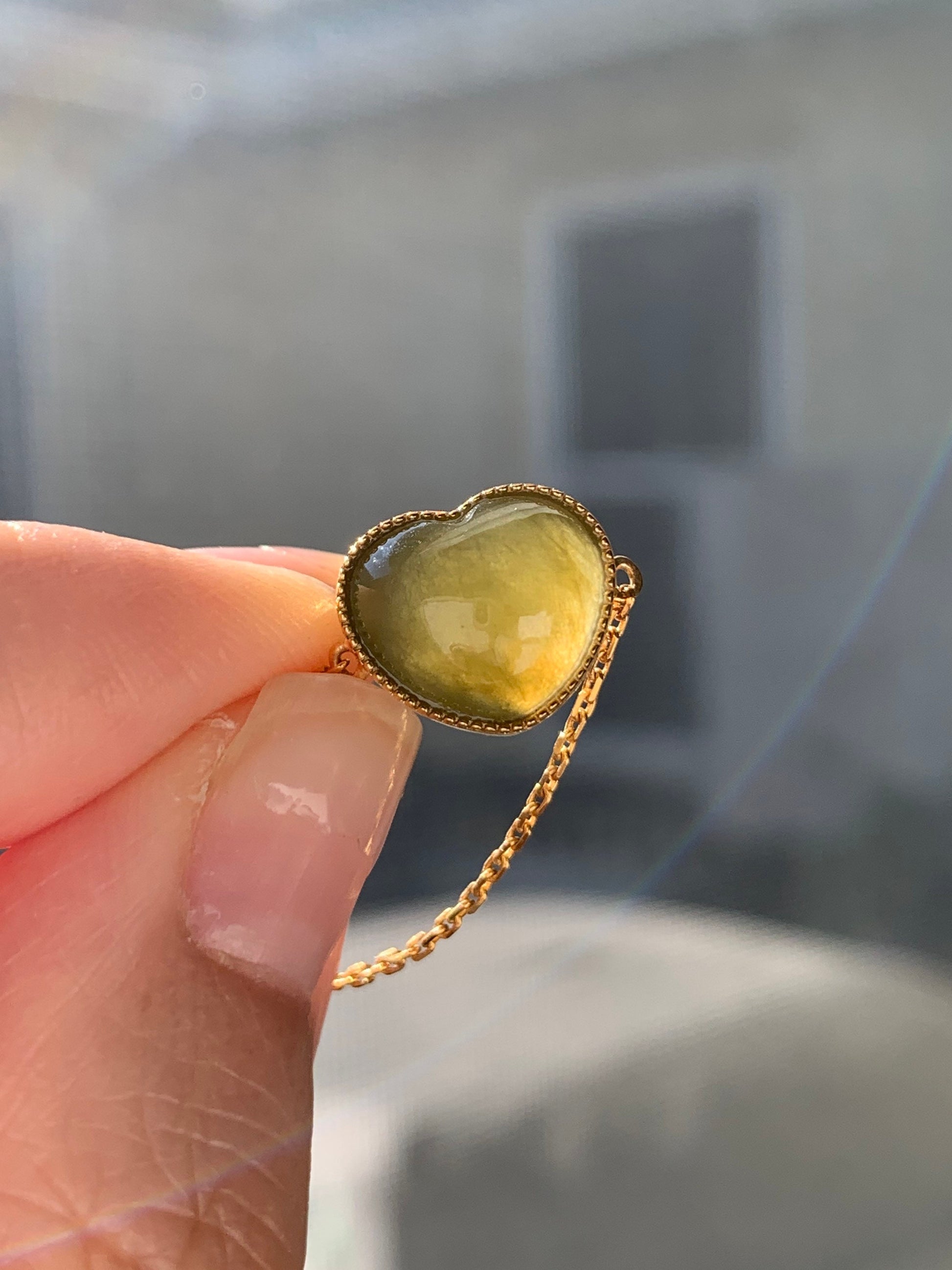 Certified Natural Burmese Premium Translucent Dark Yellow Jadeite Heart Adjustable Chain Ring 18K Yellow Gold 天然缅甸老种冰浓黄翡爱心镶嵌戒指
