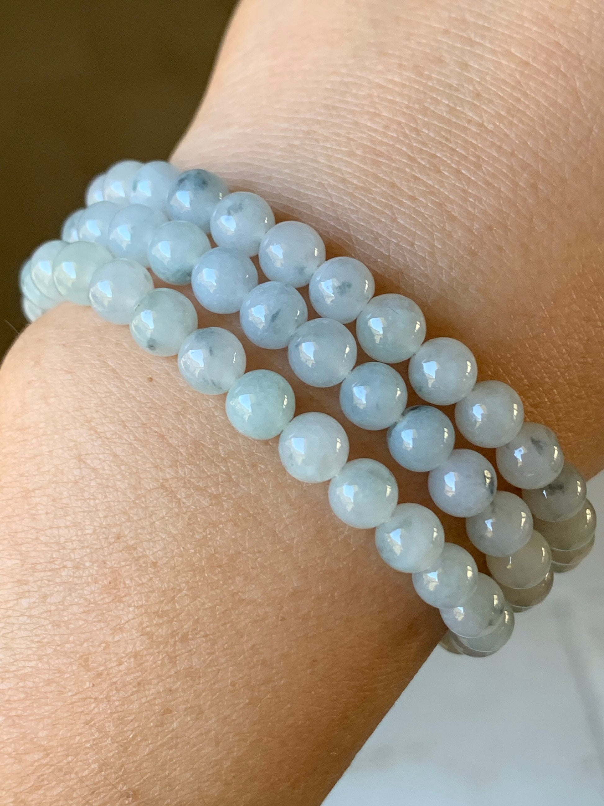 Natural Burmese Icy Translucent & Gelatinous Light Green w/ Green Marbling Jadeite Beaded Necklace 6 mm 26” 天然缅甸翡翠冰胶飘花长串项链 SGM93