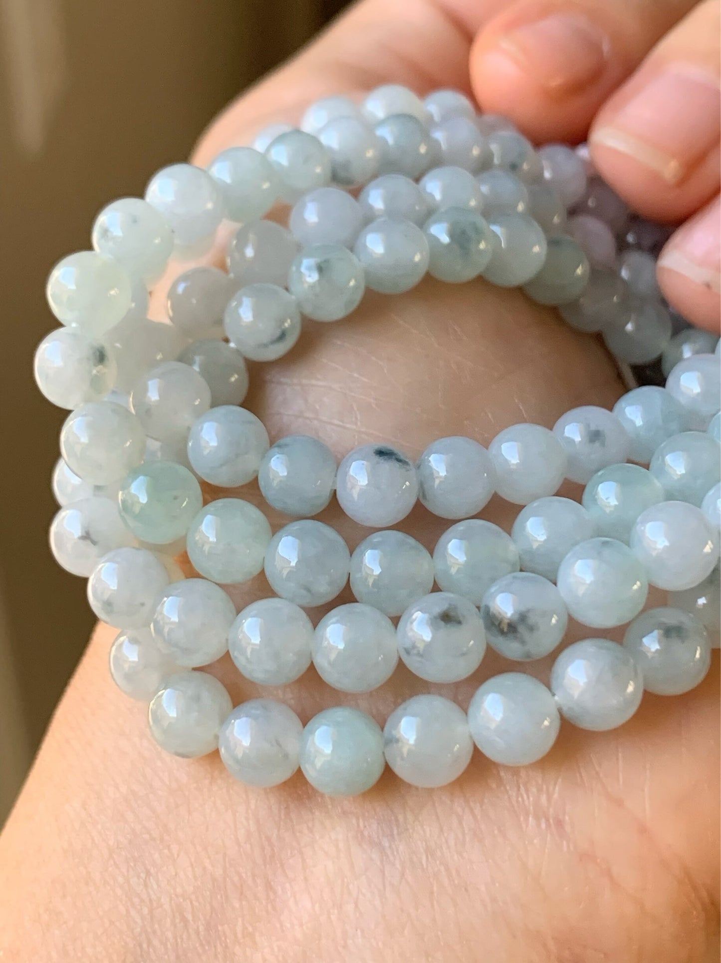 Natural Burmese Icy Translucent & Gelatinous Light Green w/ Green Marbling Jadeite Beaded Necklace 6 mm 26” 天然缅甸翡翠冰胶飘花长串项链 SGM93
