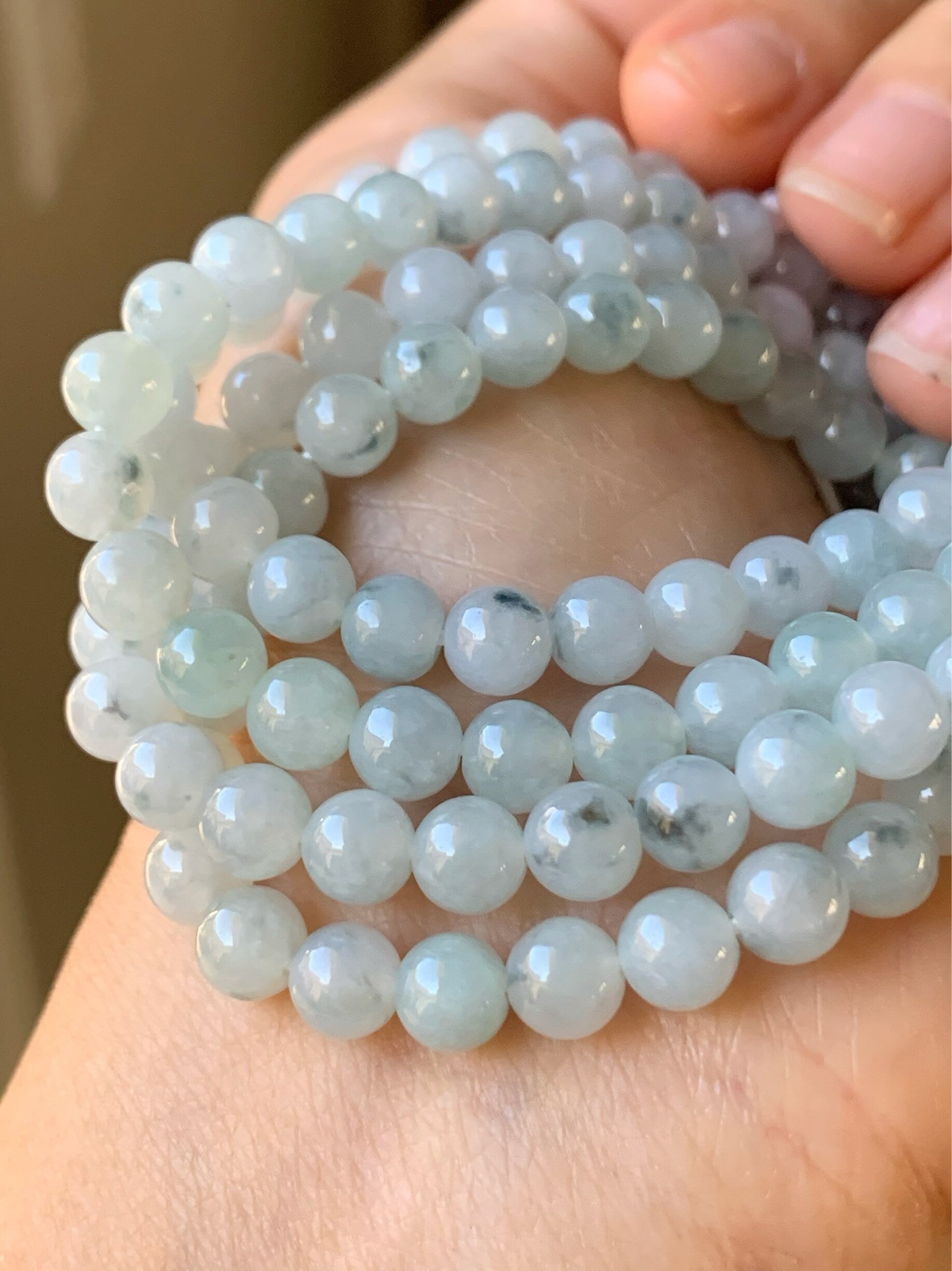 Natural Burmese Icy Translucent & Gelatinous Light Green w/ Green Marbling Jadeite Beaded Necklace 6 mm 26” 天然缅甸翡翠冰胶飘花长串项链 SGM93